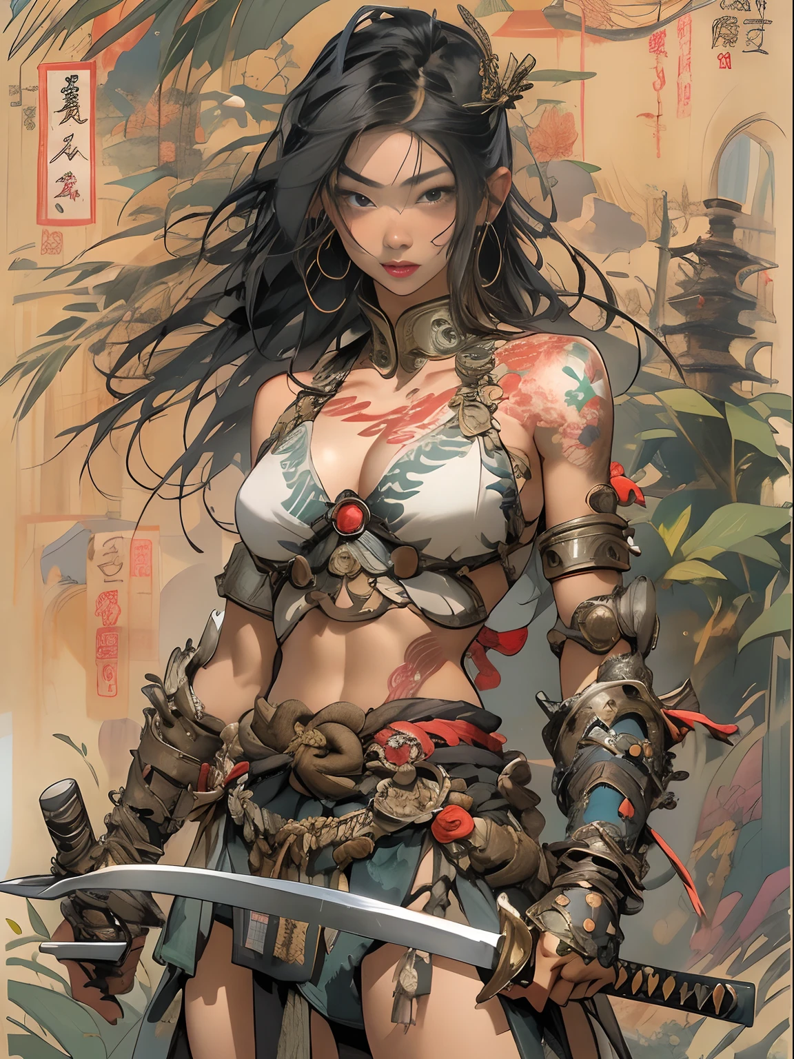 (((woman))), (((best qualityer))), (((tmasterpiece))), (((AS-Adult))), ((( Japanese ))), Look up from your knees, A beautiful asian samurai woman with perfect body, Modern samurai, ((( Asian))), Wear gloves on your hands，The left arm is made of steel and metal tips，Made of protective devices, The eyes are pulled, (( Appears below the breast )), (( Small dental floss )), Simon Bisley, Almost naked（Simon Bisley）Castle City Wilderness，For high-resolution posters, hair straight, Minimum clothing, armure (Crazy clothes ), Full of tips and rivets, tribal tattoos, (((full bodyesbian))), Straight brunette hair，Colored hair ends