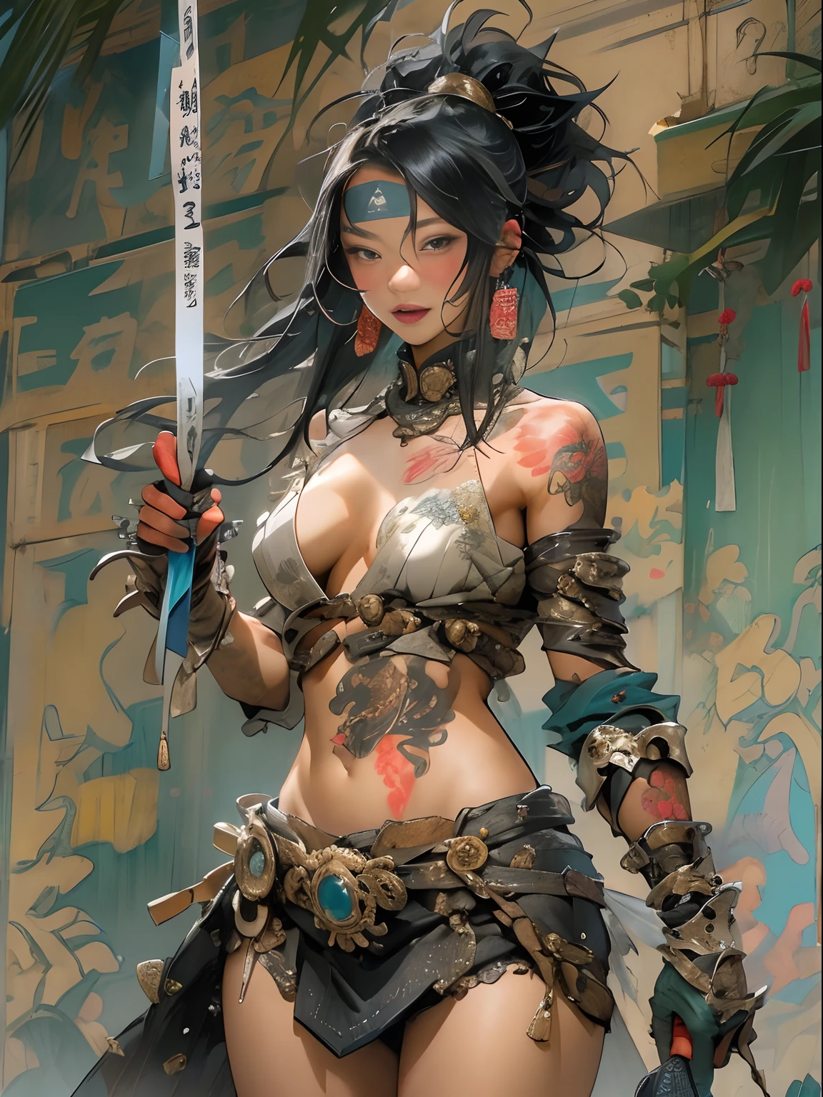 (((woman))), (((best qualityer))), (((tmasterpiece))), (((AS-Adult))), ((( Japanese ))), Look up from your knees, A beautiful asian samurai woman with perfect body, Modern samurai, ((( Asian))), Wear gloves on your hands，The left arm is made of steel and metal tips，Made of protective devices, The eyes are pulled, (( Appears below the breast )), (( Small dental floss )), Simon Bisley, Almost naked（Simon Bisley）Castle City Wilderness，For high-resolution posters, hair straight, Minimum clothing, armure (Crazy clothes ), Full of tips and rivets, tribal tattoos, (((full bodyesbian))), Straight brunette hair，Colored hair ends