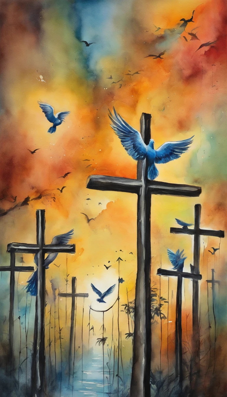 crosses,Glows brightly,There are pigeons flying