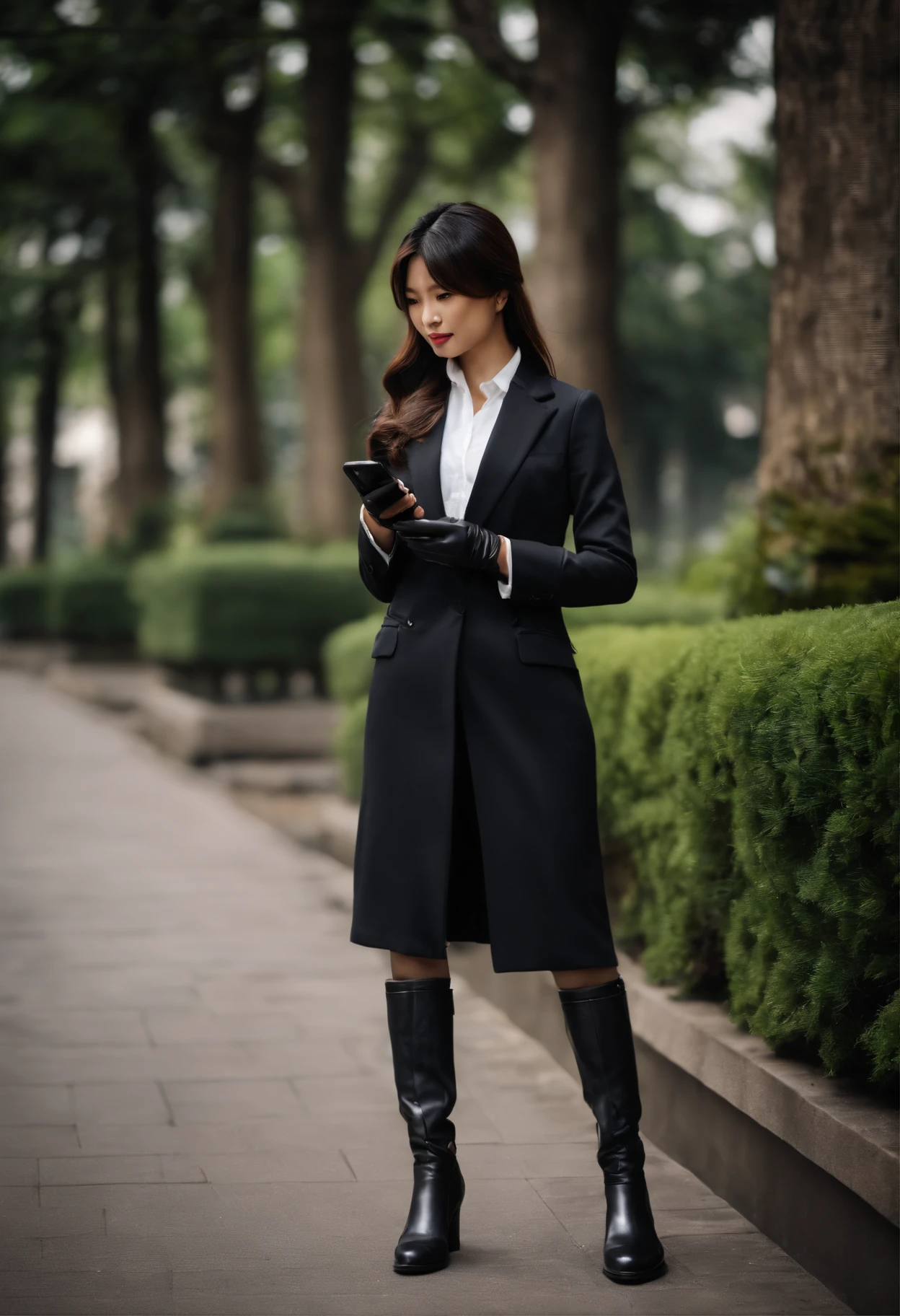 Business suits Black leather gloves long boots Face-to-face Young japanese lady Report on your smartphone bustup