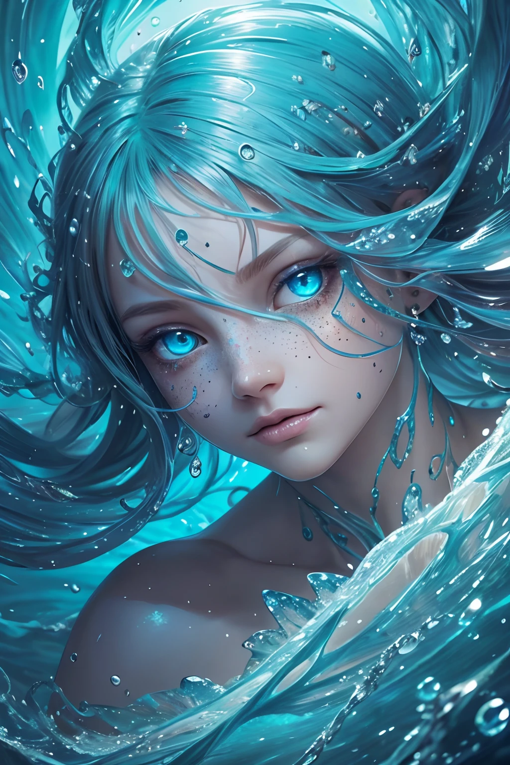 (​masterpiece), (top-quality:1.4),[:intricate-detail:0.2], Mysterious Woman,Water suits，Water flickering, Intense focus, Mysterious water, Sparkling water,Soft body，Blue eyes，large full breasts，Depiction of time flowing slowly，