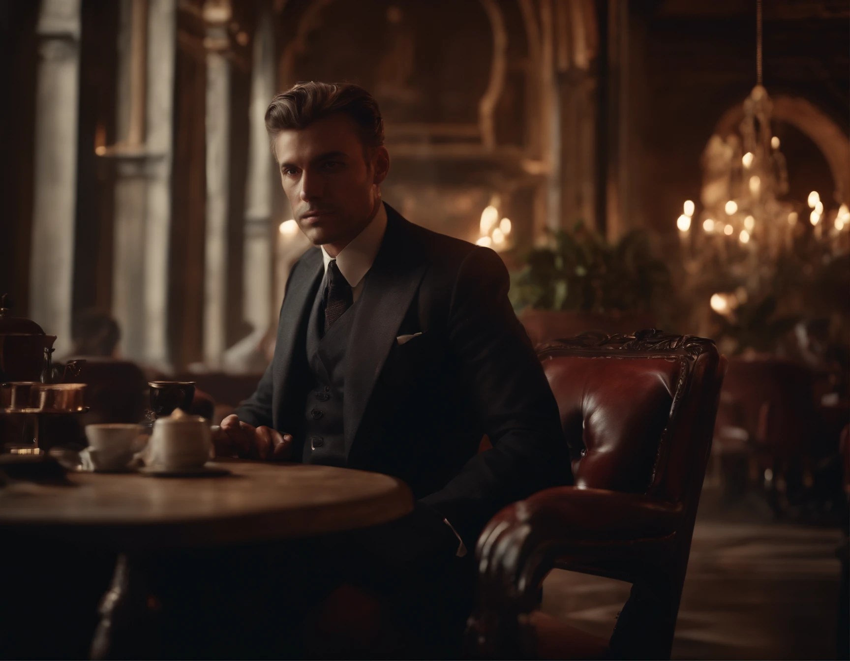 a medium shot of a man with alpachino face, siting on a kingdom chair in a cafe, a smoke in his hand, wearing dark kote, serious look in camera, cinematic lighting, soft lights, high quality render