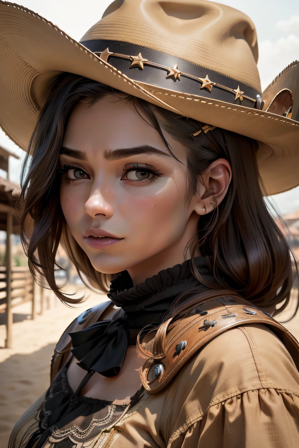 obra-prima, melhor qualidade, (fotorrealista:1.4), standingn, (close-up:), retrato, ((western, cowboy)), mulher, seios grandes, loira, cabelo cacheado, rosto detalhado, rosto perfeito, (completamente nu: 1.1), (kalap),