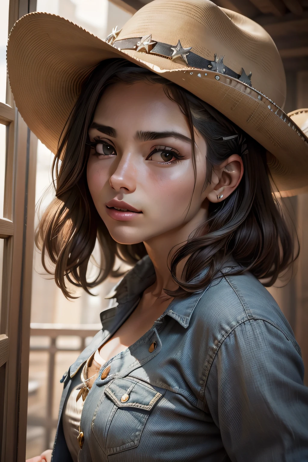 obra-prima, melhor qualidade, (fotorrealista:1.4), standingn, (close-up:), retrato, ((western, cowboy)), mulher, seios grandes, loira, cabelo cacheado, rosto detalhado, rosto perfeito, (completamente nu: 1.1), (kalap),