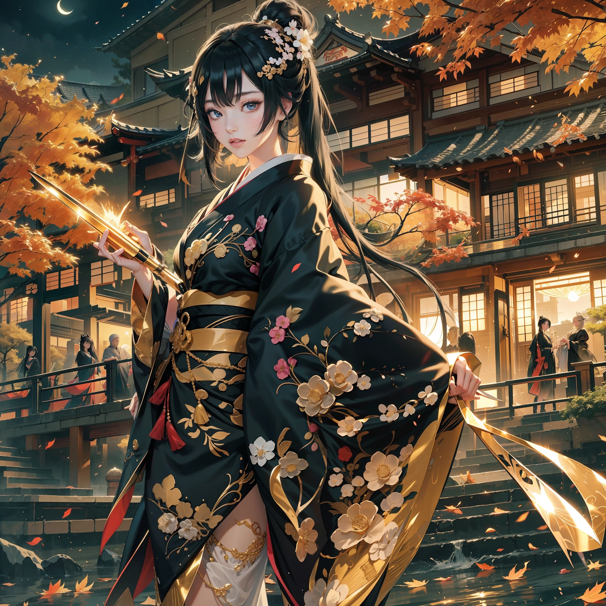 season　autumnal、watching at viewers、Ancient capital and moon in the background、poneyTail、Woman with shiny black hair、{{{Luxury kimono(Black kimono(Detailed golden embroidery,))}}}、face perfect,Depict a beautiful and graceful woman of Japan。Heart in the eye。full body Esbian。 Beautiful anime art wallpaper 8k, beautiful fantasy anime, Beautiful anime, Detailed anime artwork.Blur the background with a sickle,((masutepiece)), ((Best Quality))