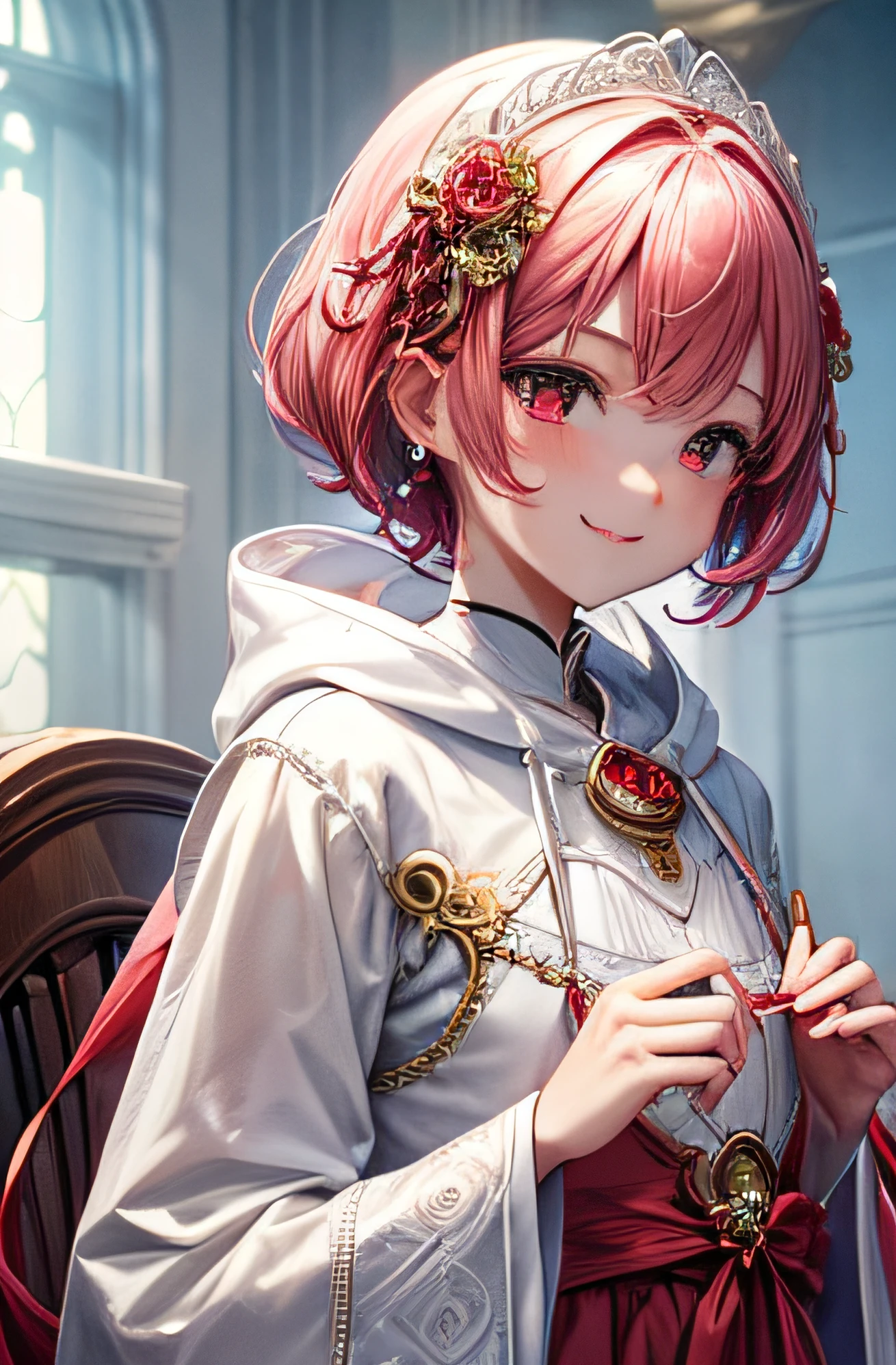 (Intricate and delicate ornaments and dresses)、White hoodie、Elaborate accessories+++、、Highly precise and detailed stained glass+++、Upper teeth++、gorgeous dress++、女の子1人、独奏、flat chest+++++、(Chest flat)+++++、Pale pink short bob hair、Blue to gradient red eyes++、(hair adornments)+ +、mischievous smile、Red decoration、Red stone wand