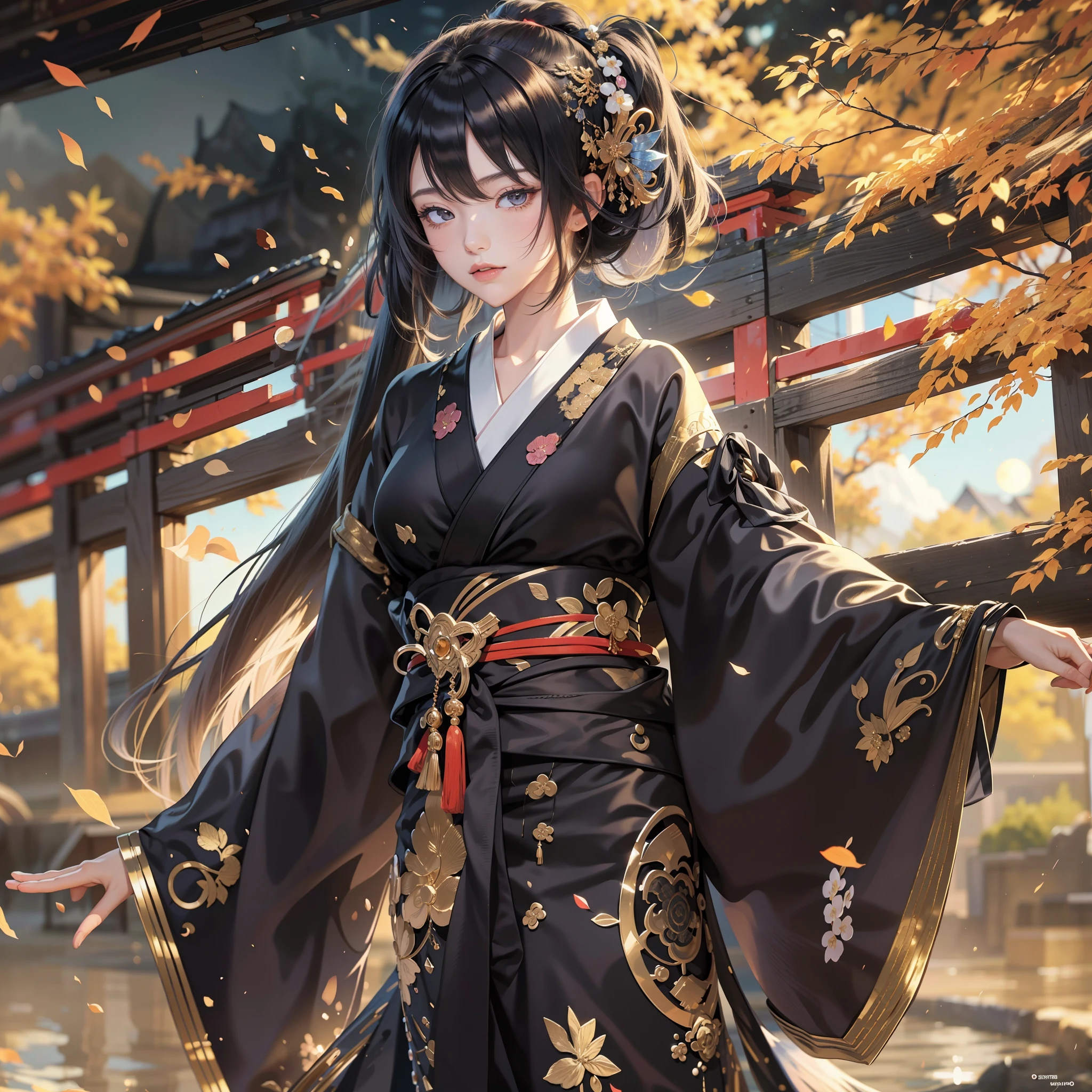 season autumnal、watching at viewers、Ancient capital and moon in the background、poneyTail、Woman with shiny black hair、{{{Luxury kimono(Black kimono(Detailed golden embroidery,))}}}、face perfect,Depict a beautiful and graceful woman of Japan。Heart in the eye。full body Esbian。 Beautiful anime art wallpaper 8k, beautiful fantasy anime, Beautiful anime, Detailed anime artwork.Blur the background with a sickle,((masutepiece)), ((Best Quality))