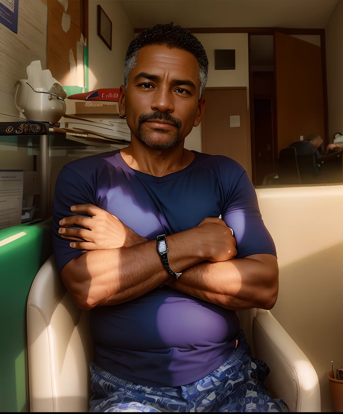 there is a man sitting in a chair with his arms crossed, 5 0 years old man, 4 0 years old man, he is about 6 0 years old, he is about 60 years old, he is about 7 0 years old, he is about 50 years old, he is about 5 0 years old, 45 years old men, 7 0 years old