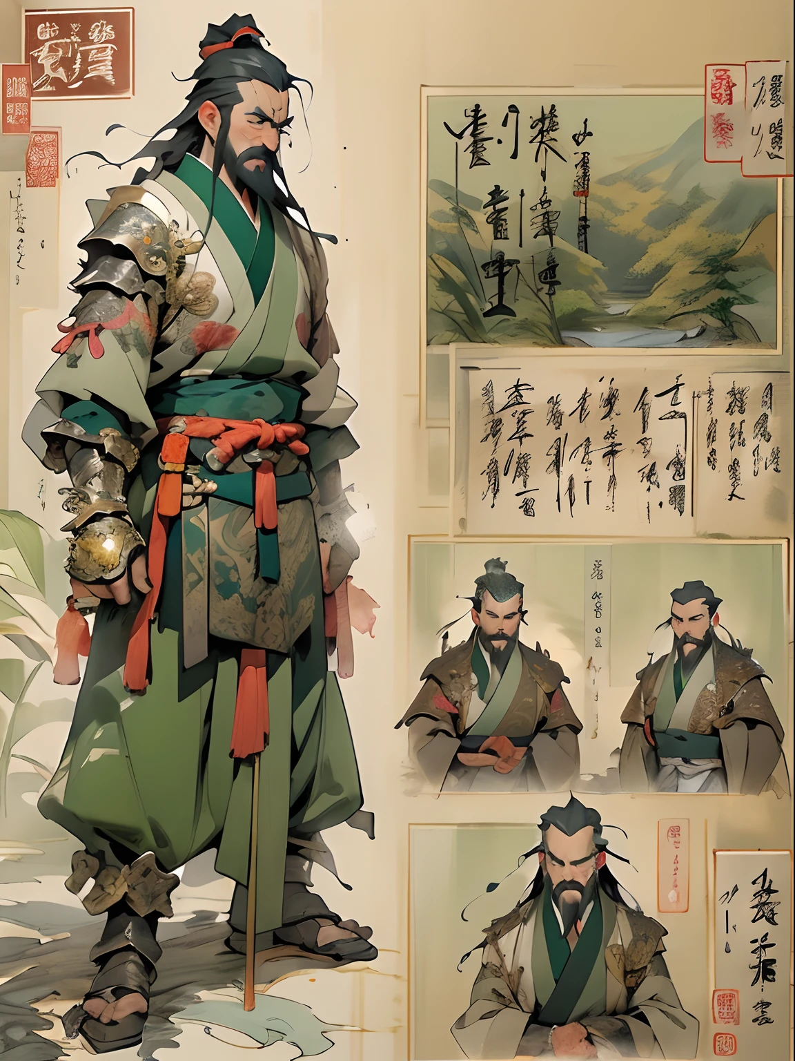 (((China-style,Ink painting method,Half-length portrait,Intense color,Han dynasty, China,Hanfu,Armor,Guan yu,Guan Yunchang,of a guy,Ruddy killing square face,Hold it with your right hand(Close the knife)Qinglong Weir Moon Knife,Stroke your beard with your left hand,Long hair,petty eyes,Green robe))), (((best qualityer))), (((tmasterpiece))), (((AS-Adult))), ((( Japanese ))), Look up from your knees, Handsome Asian samurai,perfect body figure, Modern samurai, ((( Asian))), Wear gloves on your hands,The left arm is made of steel and metal tips,Made of protective devices, The eyes are pulled, (( Appears below the chest )), (( Small dental floss )), Simon Bisley, Almost naked(Simon Bisley)Castle City Wilderness,For high-resolution posters, hair straight, Minimum clothing, armure (Crazy clothes ), Full of tips and rivets, tribal tattoos, (((full bodyesbian))), Straight brunette hair,Colored hair ends