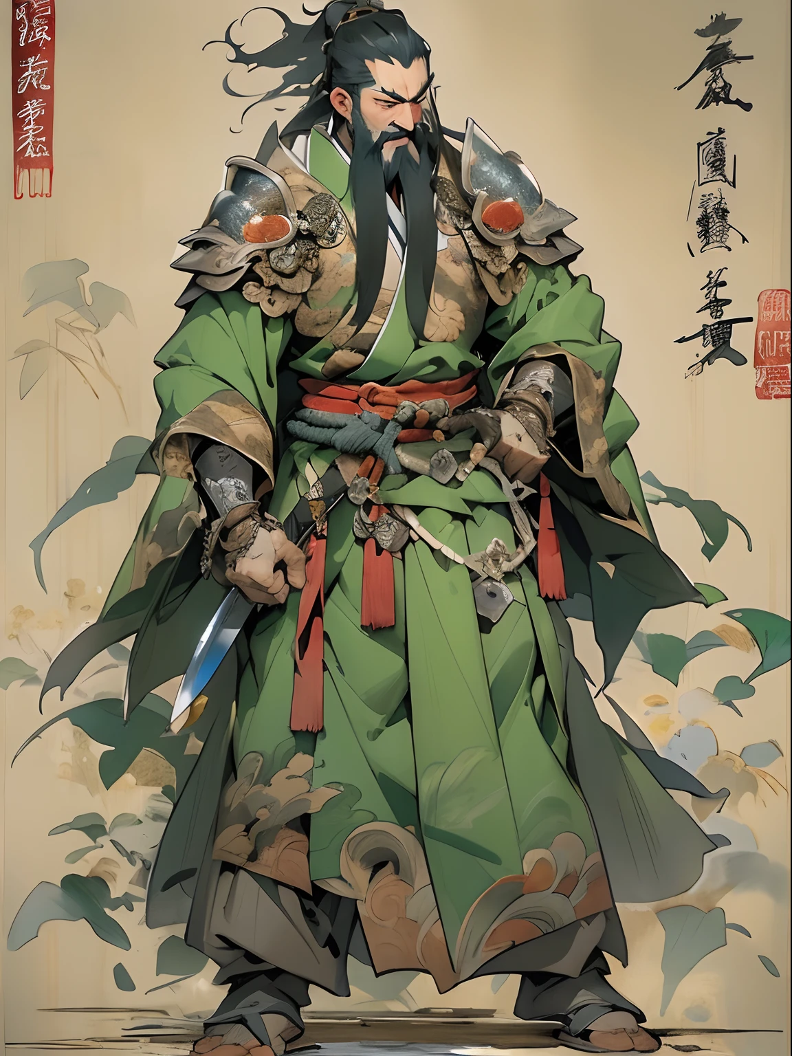 (((China-style,Ink painting method,Half-length portrait,Intense color,Han dynasty, China,Hanfu,Armor,Guan yu,Guan Yunchang,of a guy,Ruddy killing square face,Hold it with your right hand(Close the knife)Qinglong Weir Moon Knife,Stroke your beard with your left hand,Long hair,petty eyes,Green robe))), (((best qualityer))), (((tmasterpiece))), (((AS-Adult))), ((( Japanese ))), Look up from your knees, Handsome Asian samurai,perfect body figure, Modern samurai, ((( Asian))), Wear gloves on your hands,The left arm is made of steel and metal tips,Made of protective devices, The eyes are pulled, (( Appears below the chest )), (( Small dental floss )), Simon Bisley, Almost naked(Simon Bisley)Castle City Wilderness,For high-resolution posters, hair straight, Minimum clothing, armure (Crazy clothes ), Full of tips and rivets, tribal tattoos, (((full bodyesbian))), Straight brunette hair,Colored hair ends