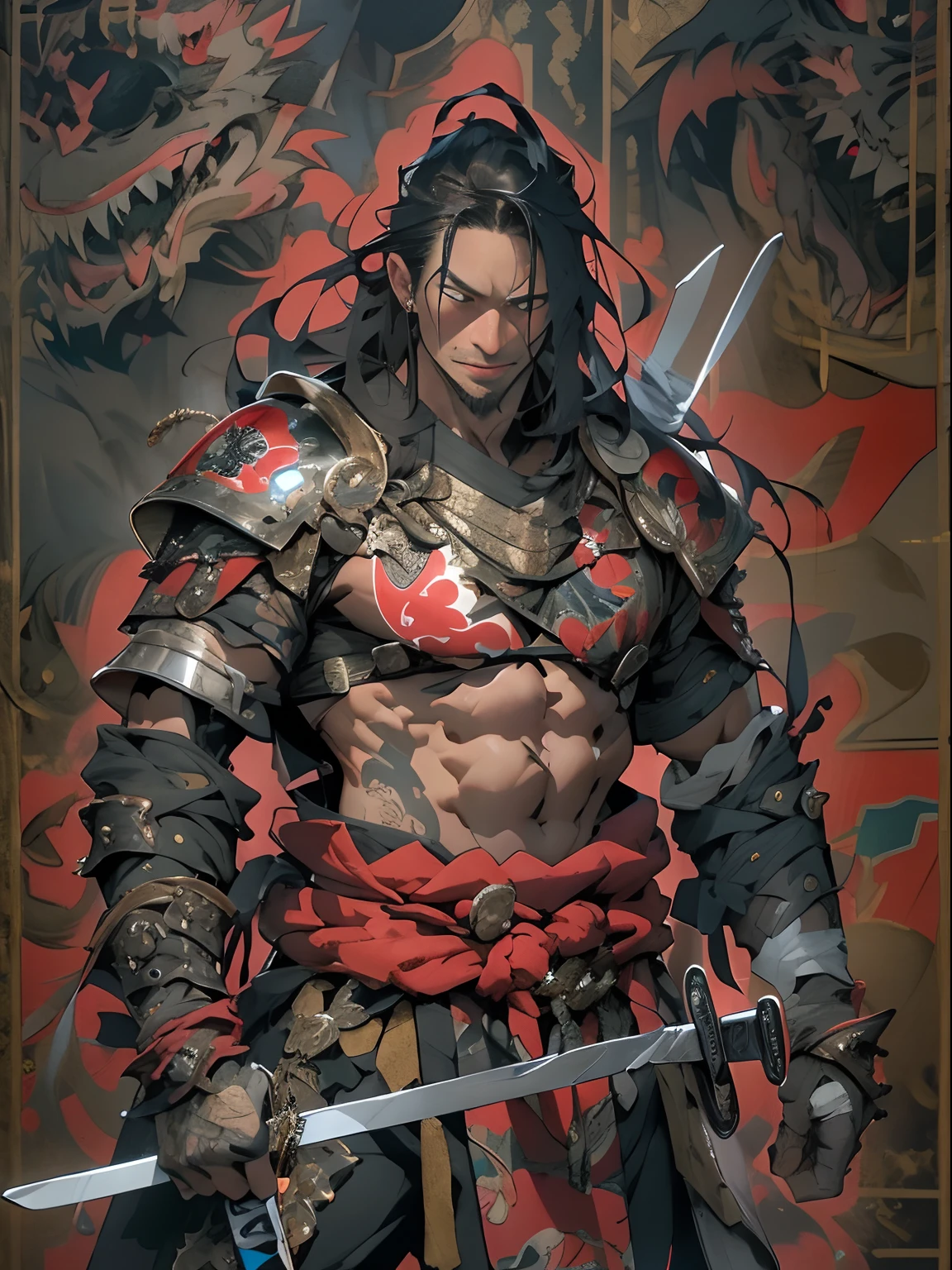 (((mtu))), (((best qualityer))), (((tmasterpiece))), (((AS-Adult))), ((( Japanese ))), Look up from your knees, Handsome Asian samurai,perfect body figure, Modern samurai, ((( Asian))), Wear gloves on your hands,The left arm is made of steel and metal tips,Made of protective devices, The eyes are pulled, (( Appears below the chest )), (( Small dental floss )), Simon Bisley, Almost naked(Simon Bisley)Castle City Wilderness,For high-resolution posters, hair straight, Minimum clothing, armure (Crazy clothes ), Full of tips and rivets, tribal tattoos, (((full bodyesbian))), Straight brunette hair,Colored hair ends