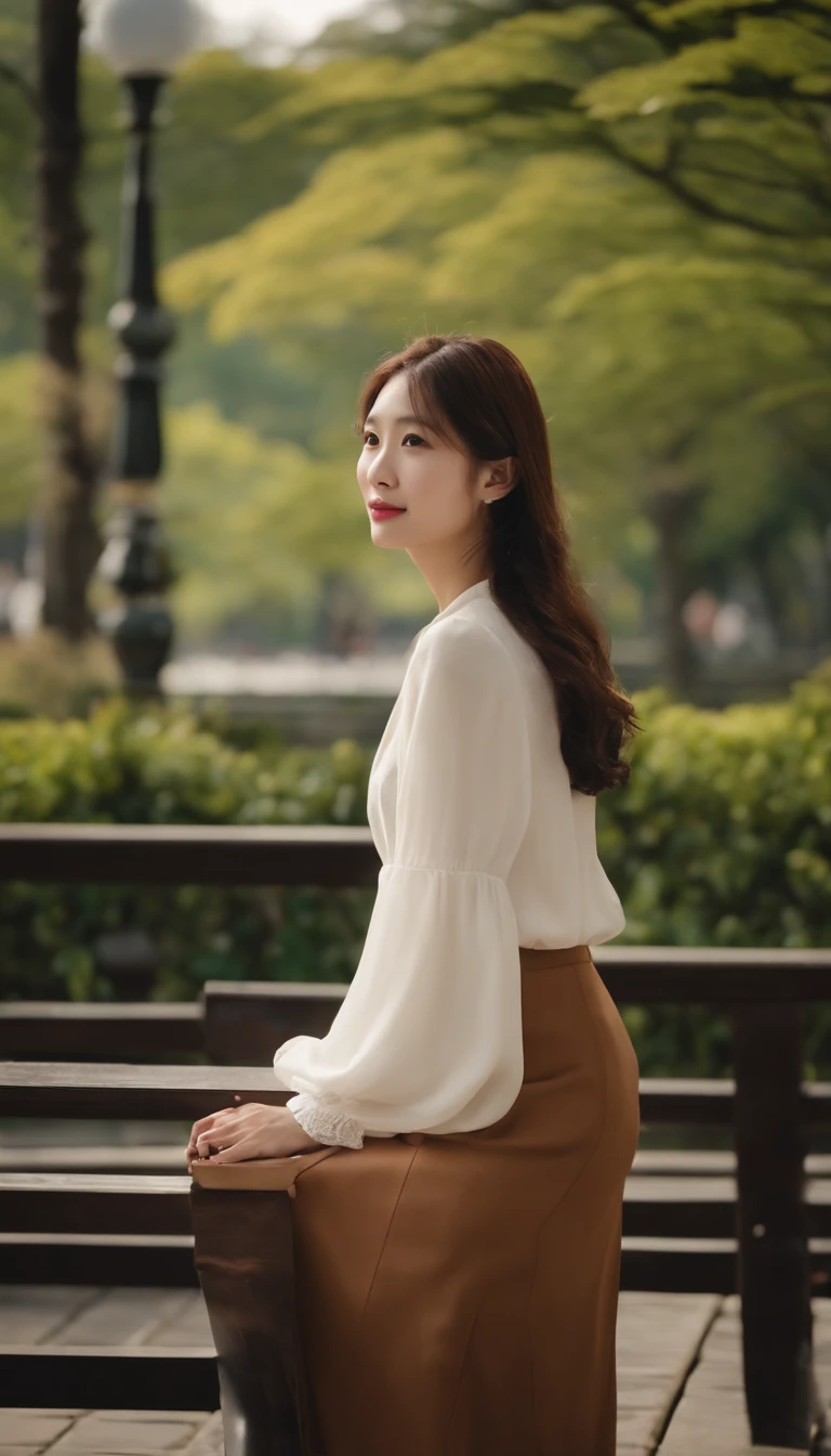 top-quality、in 8K、profetional lighting、Pretty Woman、semi long hair、Beautiful and delicate skin、A slender、Slimed、light skinned、medium chest、Smile、White long sleeve blouse、Brown long skirt、细致背景、a park、sit on a bench、25Japan Female、1a person