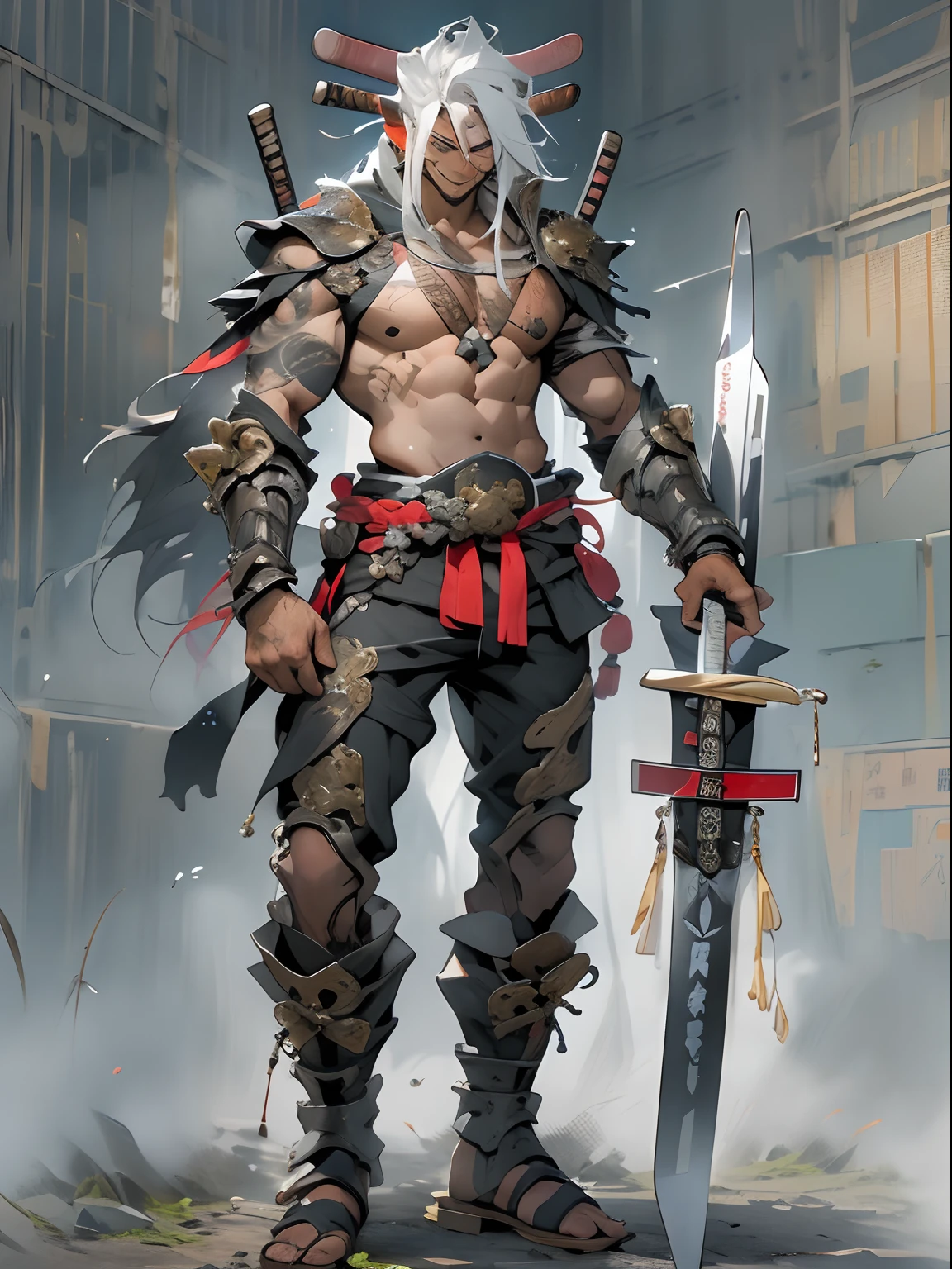 a close up of a man with a sword and a red ball, demon samurai, villain wearing a red oni mask, demon samurai warrior, inspired by Gatōken Shunshi, inspired by Kanō Hōgai, artgerm greg rutkowski _ greg, inspired by Tōshūsai Sharaku, artgerm craig mullins