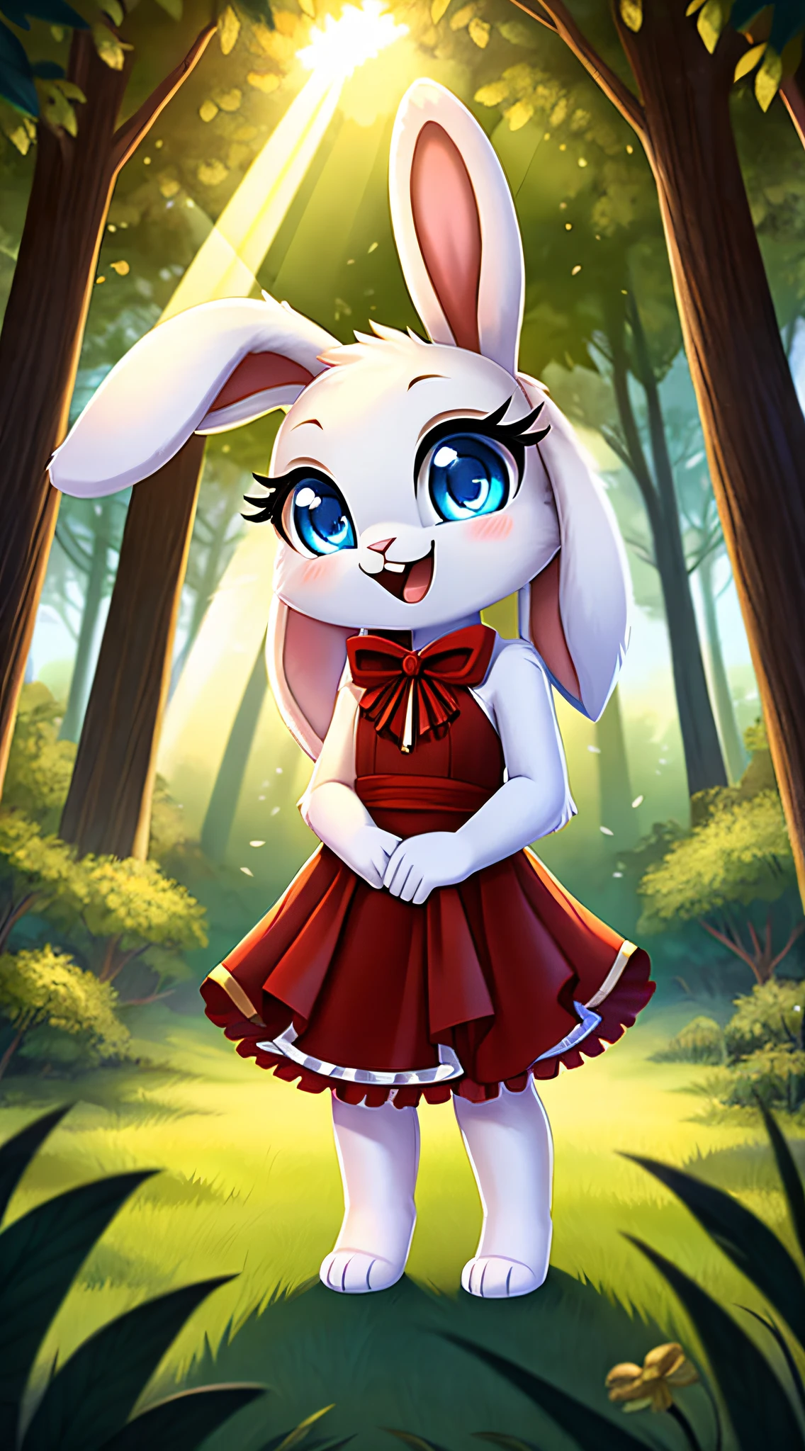 zoomed out image, fantasy style art, cute, adorable, short character, small, tiny little fluffy female white bunny with blue eyes, large poofy rabbit tail, big floppy ears, long ears, ears perked up, raised ears, long eyelashes, wearing a red frilly ribbon dress, smiling, standing in a forest, big expressive smile, open mouth, wide eyes, excited eyes, excited face, stunning visuals, sunrays through the trees, digital illustration