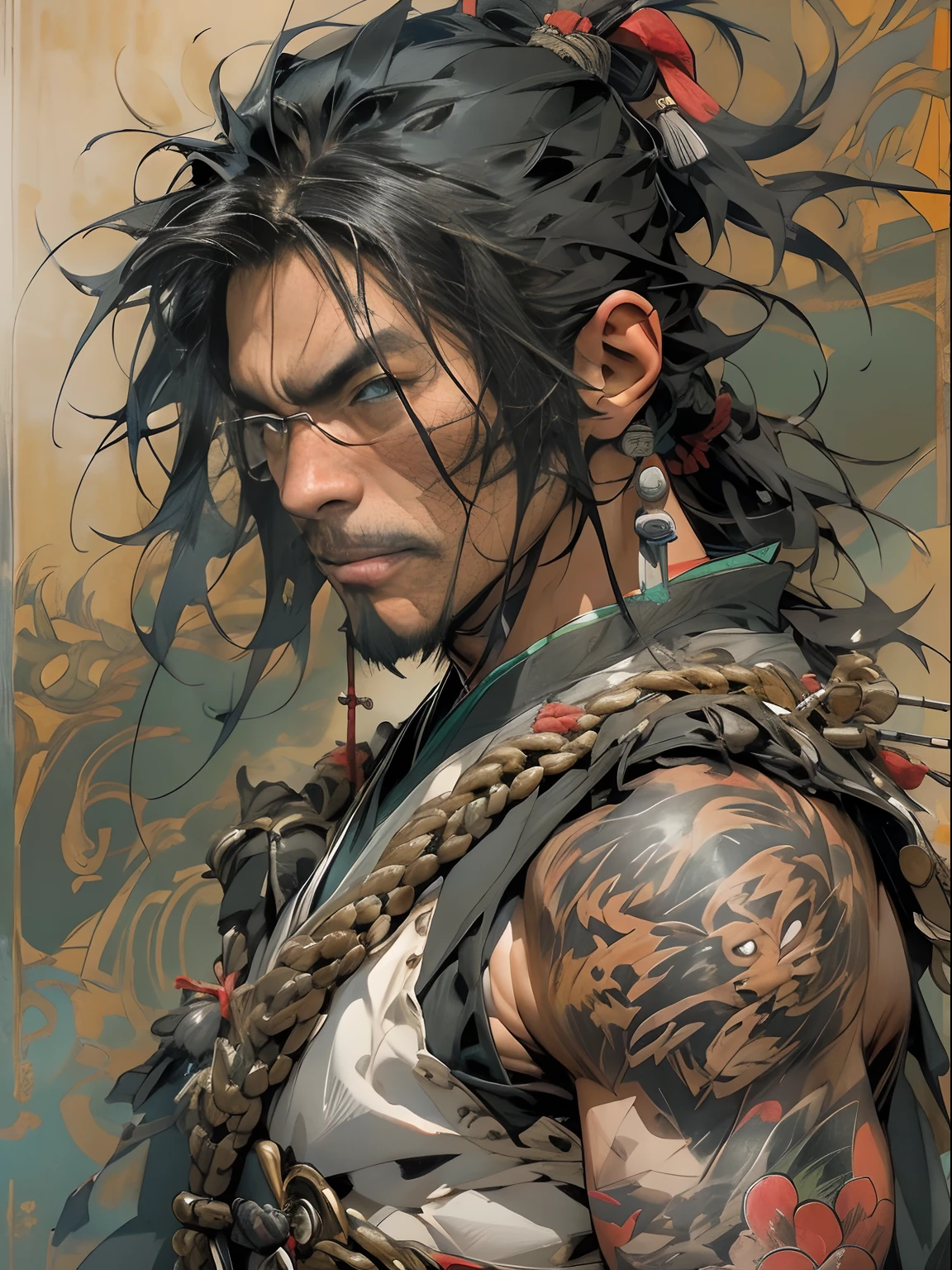 (((mtu))), (((best qualityer))), (((tmasterpiece))), (((AS-Adult))), ((( Japanese ))), Look up from your knees, Handsome Asian samurai,perfect body figure, Modern samurai, ((( Asian))), Wear gloves on your hands,The left arm is made of steel and metal tips,Made of protective devices, The eyes are pulled, (( Appears below the chest )), (( Small dental floss )), Simon Bisley, Almost naked(Simon Bisley)Castle City Wilderness,For high-resolution posters, hair straight, Minimum clothing, armure (Crazy clothes ), Full of tips and rivets, tribal tattoos, (((full bodyesbian))), Straight brunette hair,Colored hair ends