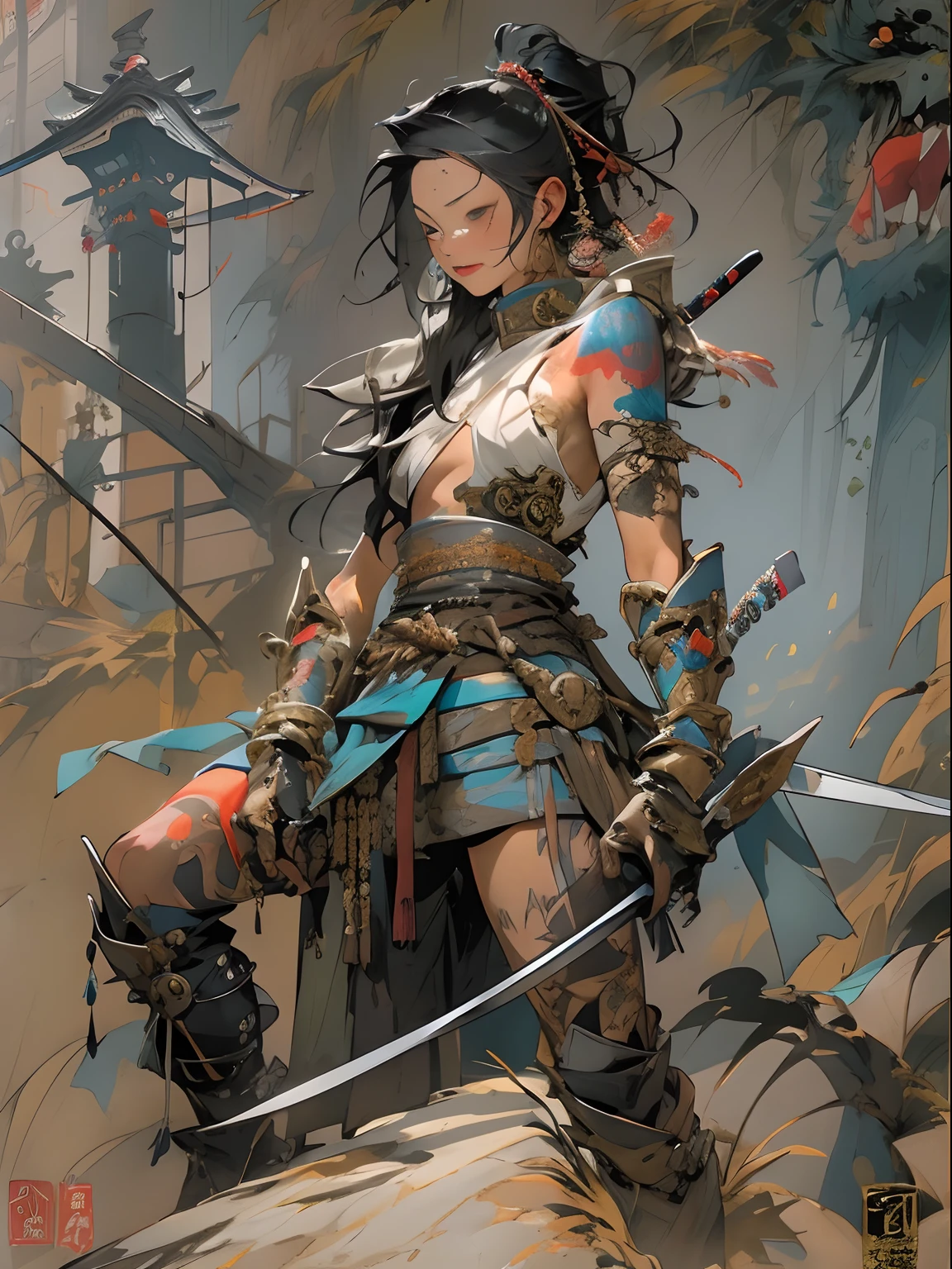 (((woman))), (((best qualityer))), (((tmasterpiece))), (((AS-Adult))), ((( Japanese ))), Look up from your knees, A beautiful asian samurai woman with perfect body, Modern samurai, ((( Asian))), Wear gloves on your hands,The left arm is made of steel and metal tips,Made of protective devices, The eyes are pulled, (( Appears below the breast )), (( Small dental floss )), Simon Bisley, Almost naked(Simon Bisley)Castle City Wilderness,For high-resolution posters, hair straight, Minimum clothing, armure (Crazy clothes ), Full of tips and rivets, tribal tattoos, (((full bodyesbian))), Straight brunette hair,Colored hair ends