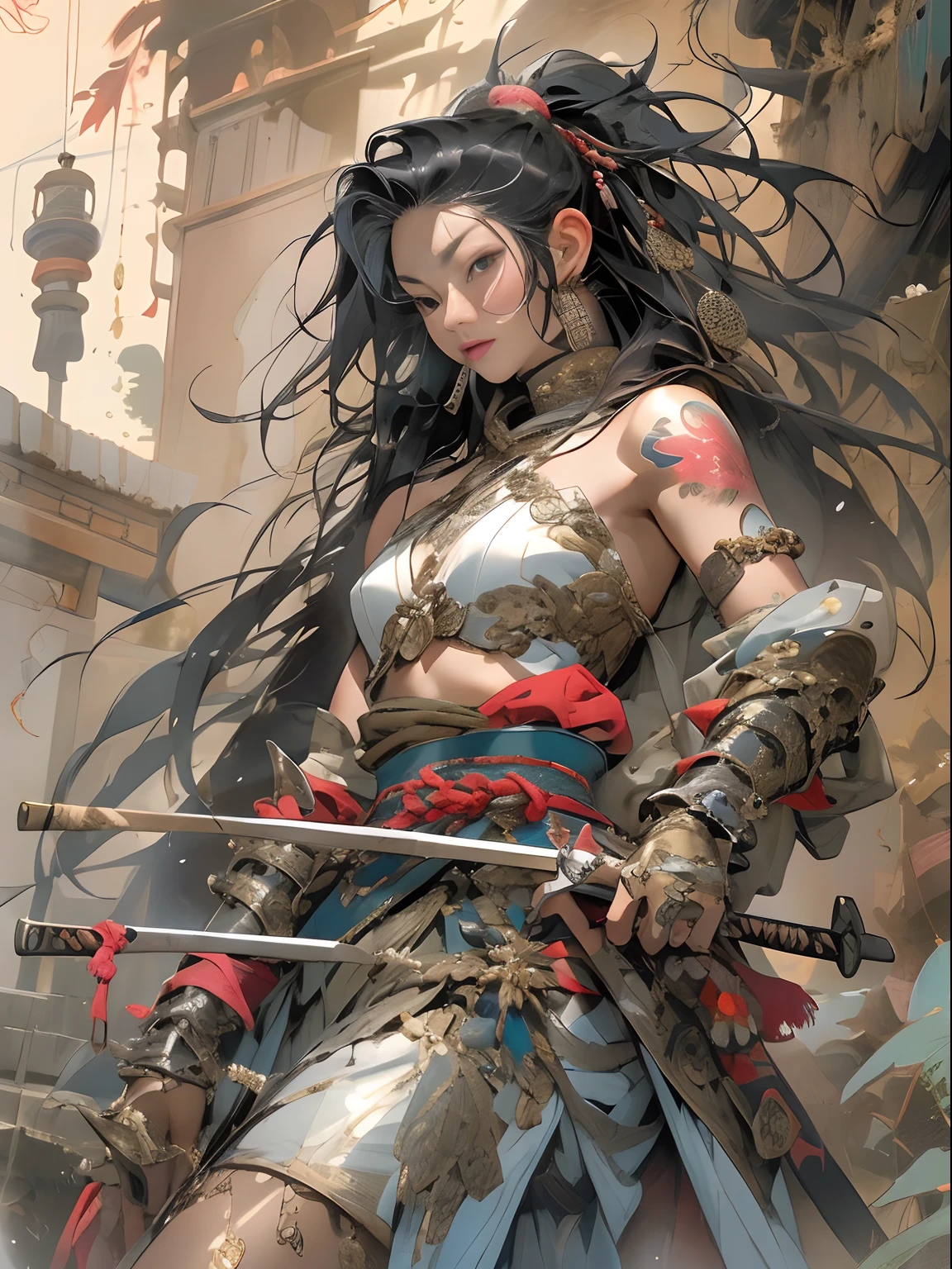 (((woman))), (((best qualityer))), (((tmasterpiece))), (((AS-Adult))), ((( Japanese ))), Look up from your knees, A beautiful asian samurai woman with perfect body, Modern samurai, ((( Asian))), Wear gloves on your hands，The left arm is made of steel and metal tips，Made of protective devices, The eyes are pulled, (( Appears below the breast )), (( Small dental floss )), Simon Bisley, Almost naked（Simon Bisley）Castle City Wilderness，For high-resolution posters, hair straight, Minimum clothing, armure (Crazy clothes ), Full of tips and rivets, tribal tattoos, (((full bodyesbian))), Straight brunette hair，Colored hair ends