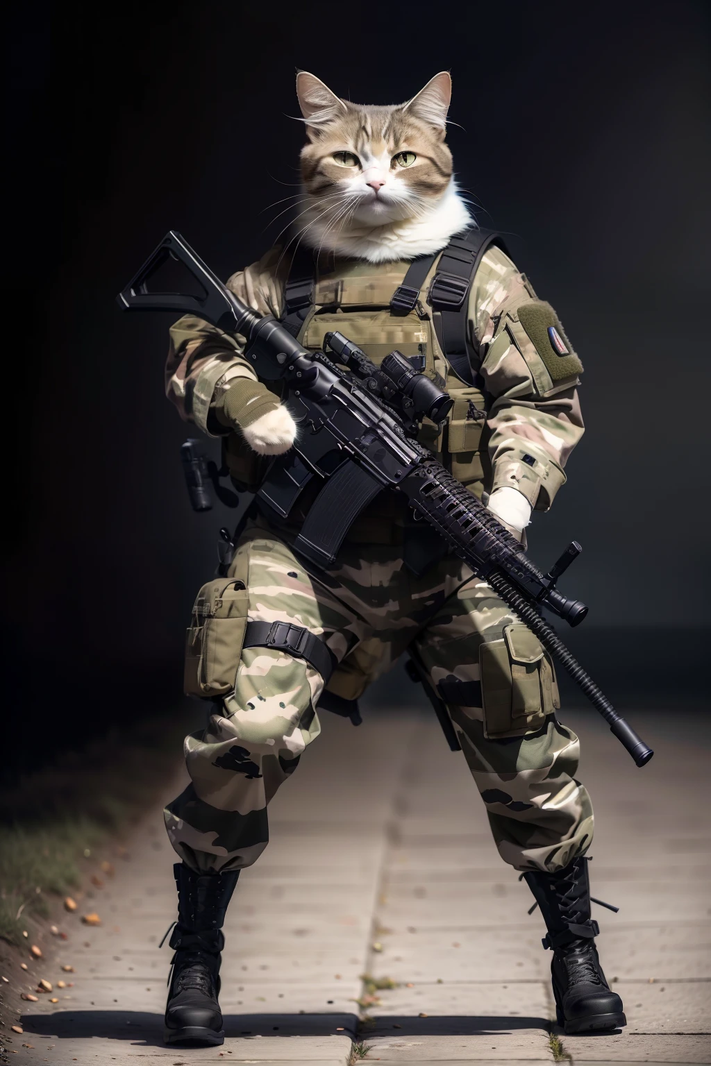 masterpiece,best quality,ultra-detailed,photorealistic,realistic,photography,black_background,handheld weapons,assault rifle,cat,solo,full body,