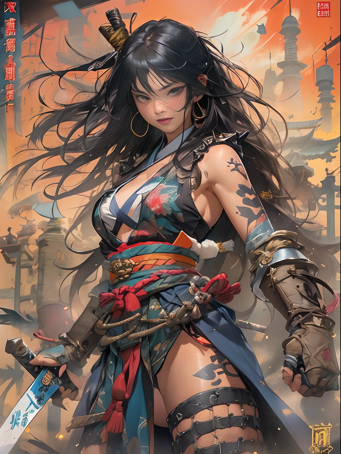 (((woman))), (((best qualityer))), (((tmasterpiece))), (((AS-Adult))), ((( Japanese ))), Look up from your knees, A beautiful asian samurai woman with perfect body, Modern samurai, ((( Asian))), Wear gloves on your hands,The left arm is made of steel and metal tips,Made of protective devices, The eyes are pulled, (( Appears below the breast )), (( Small dental floss )), Simon Bisley, Almost naked(Simon Bisley)Castle City Wilderness,For high-resolution posters, hair straight, Minimum clothing, armure (Crazy clothes ), Full of tips and rivets, tribal tattoos, (((full bodyesbian))), Straight brunette hair,Colored hair ends