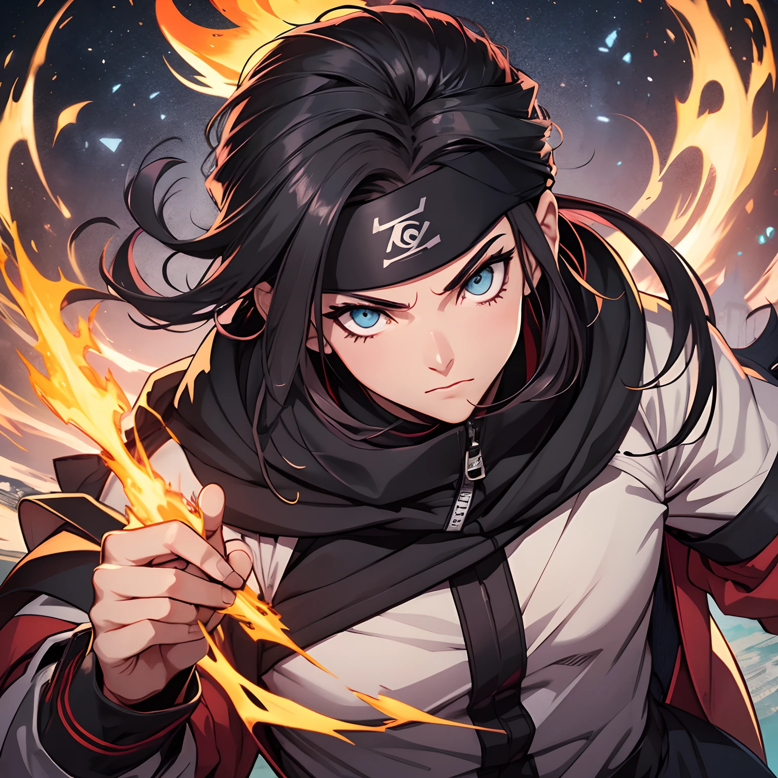Campo Profundidadede, um ninja, cabelo preto vermelho Vetorial, bandana de Kumogakure, Vila Oculta da Nuvem, Naruto, 2D hyper-manga, Facing the camera squarely, corpo inteiro, estilo fogo, esfera de fogo, estilo fogo, on his left hand, poder de fogo