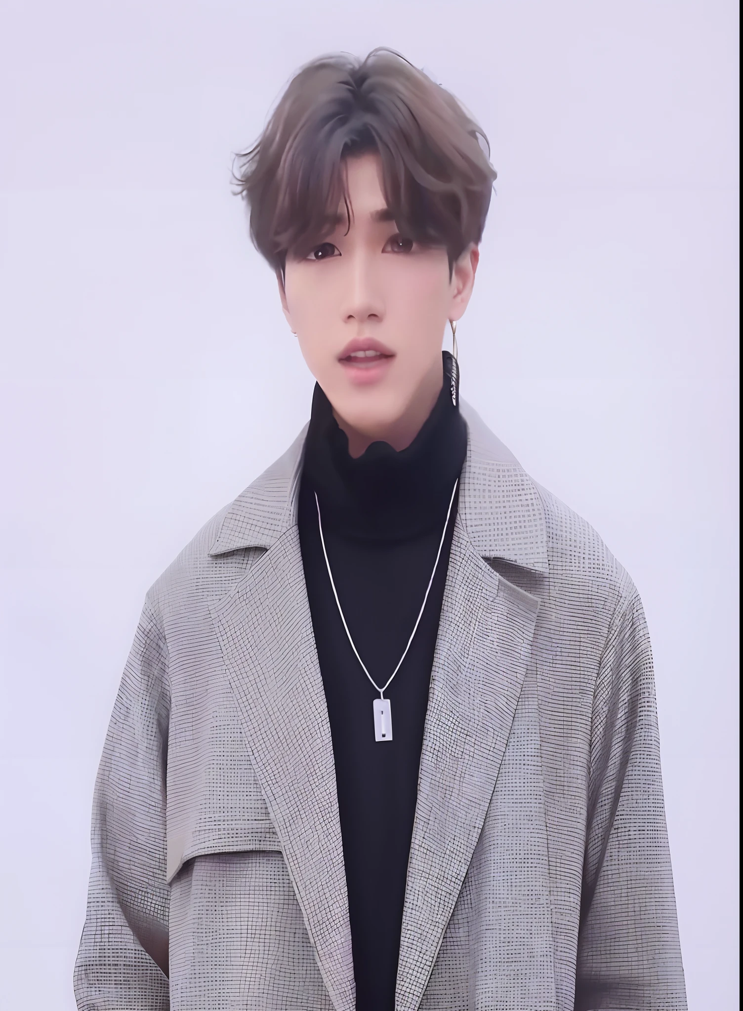 high high quality，Close-up of a man in a black shirt and necklace, Cai Xukun, yanjun cheng, wan adorable korean face, xqc, he has an elongated head shape, he is wearing a brown sweater, Inspired by Bian Shoumin, with same hairstyle, he has dark grey hairs, South Korean male, with index finger, young wan angel