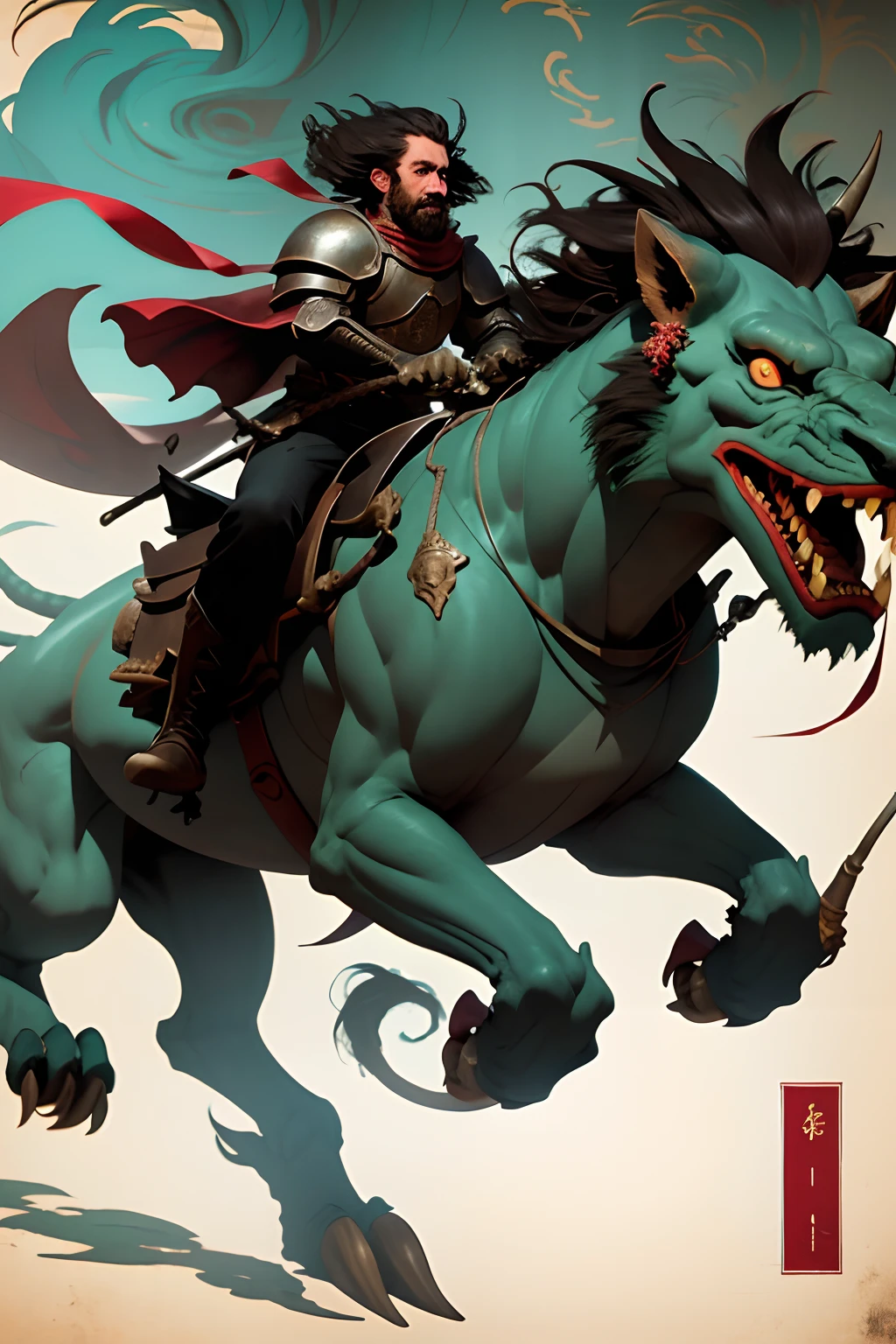 Knight riding lion monster，Fierce and weird，Evil fear