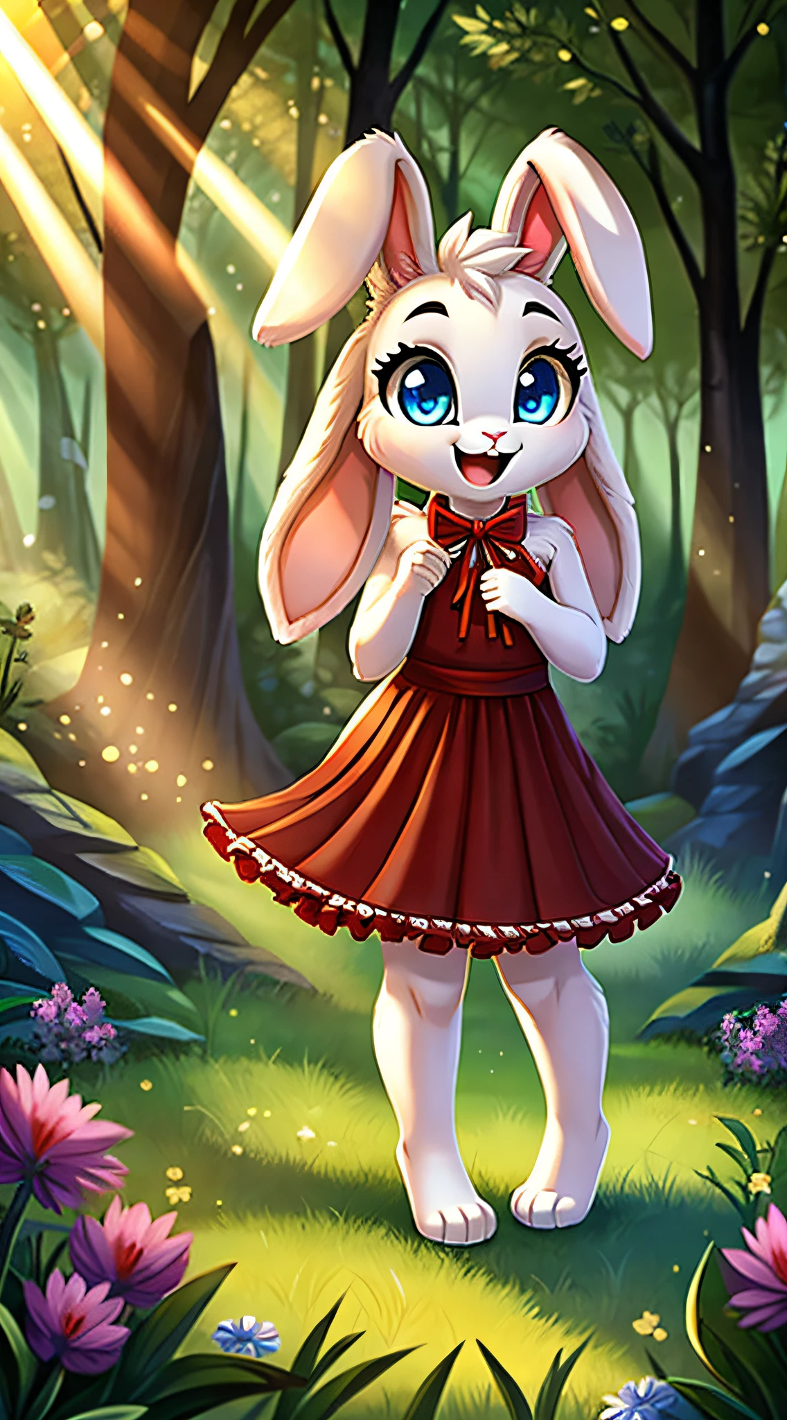 zoomed out image, fantasy style art, cute, adorable, short character, small, tiny little fluffy female white bunny with blue eyes, large poofy rabbit tail, big floppy ears, long ears, ears perked up, raised ears, long eyelashes, wearing a red frilly ribbon dress, smiling, standing in a forest, big expressive smile, open mouth, wide eyes, excited eyes, excited face, stunning visuals, sunrays through the trees, digital illustration
