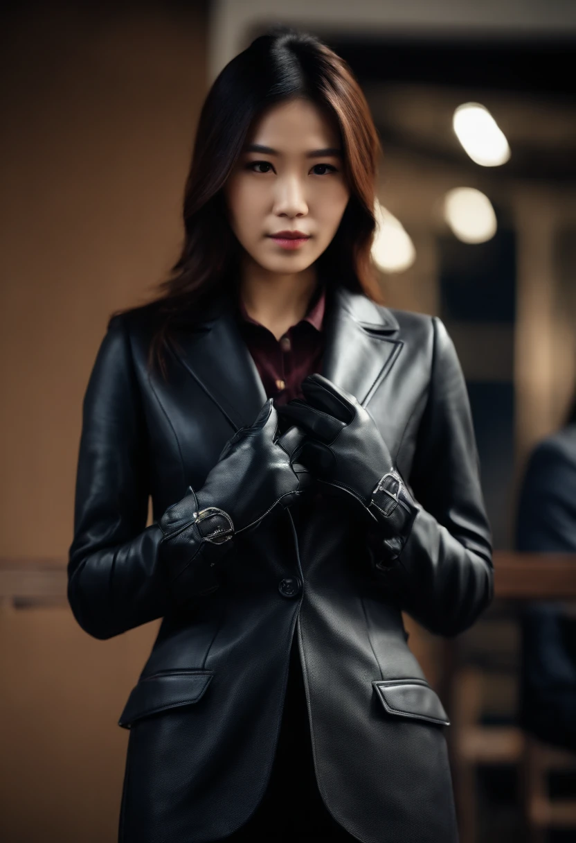 Business suits Black leather gloves long boots Face-to-face Young japanese lady Report on your smartphone The upper part of the body Black leather gloves cover both hands