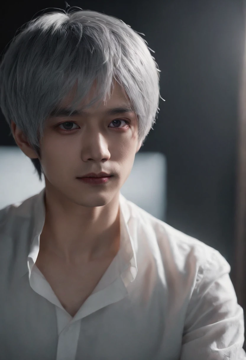 Ken Kaneki was inspired《red - eyed》role, On a neutral dark background, Hair black gradient gray hair