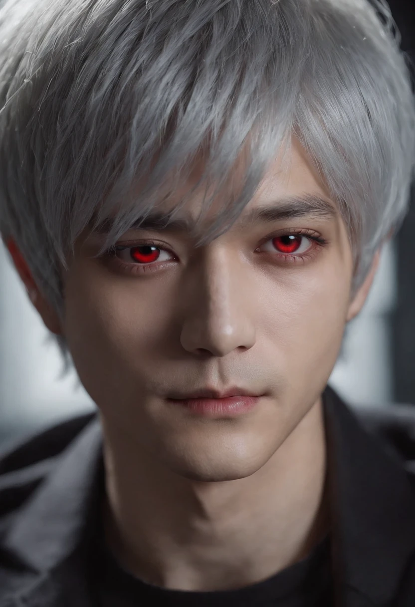 Ken Kaneki was inspired《red - eyed》role, On a neutral dark background, Hair black gradient gray hair