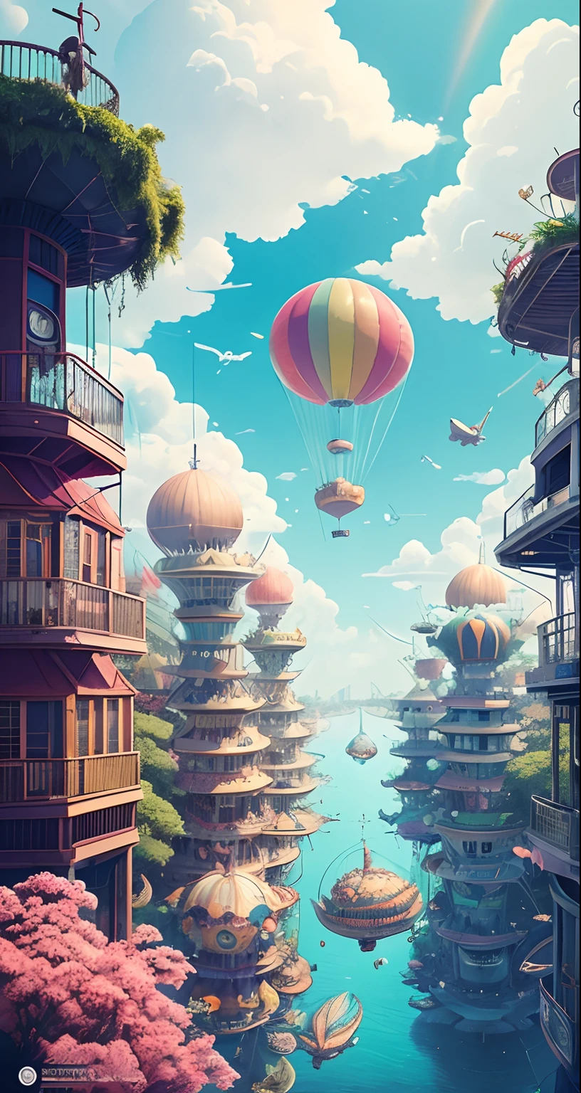 Illustrate a surreal album cover that places the three Malay girl artists in a floating, dreamlike city in the sky, surrounded by clouds and whimsical airships, where their music creates rainbows and starbursts