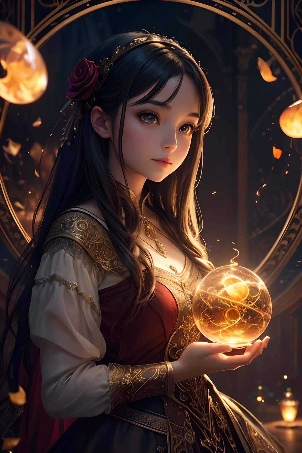 masterpiece, luminism, cinematic, cute close up girl, oil painting, heavy strokes, paint dripping Symphony Crimson strands dance with rose petals With airy ease and a celestial aura, A vision in hues, a canvas of art A portrait of elegance, a symphony of heart A dreamy essence, forever etched in memory, cute big circular reflective eyes, Pixar render, unreal engine cinematic smooth, intricate detail, warm amber lights, cute girl, otherworldly, wonderland, intricated, cute, wonderland, mystical, fantasy, complex background, dynamic lighting, lights, digital painting, intricated pose, highly detailed filigree, intricated, best quality, Mysterious