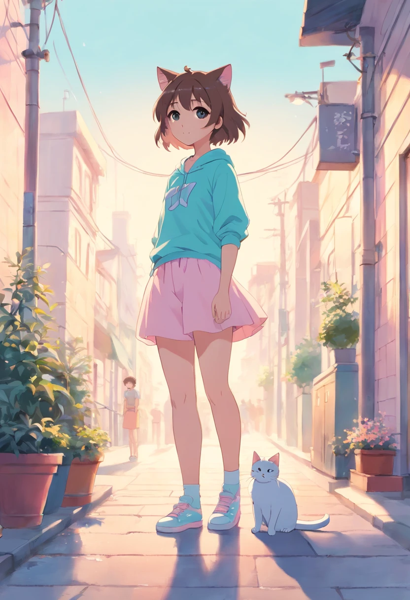 cat, fullbody,1 girl,
(pastel color:1.5),(cute illustration:1.5),(watercolor:1.2),white back ground,
