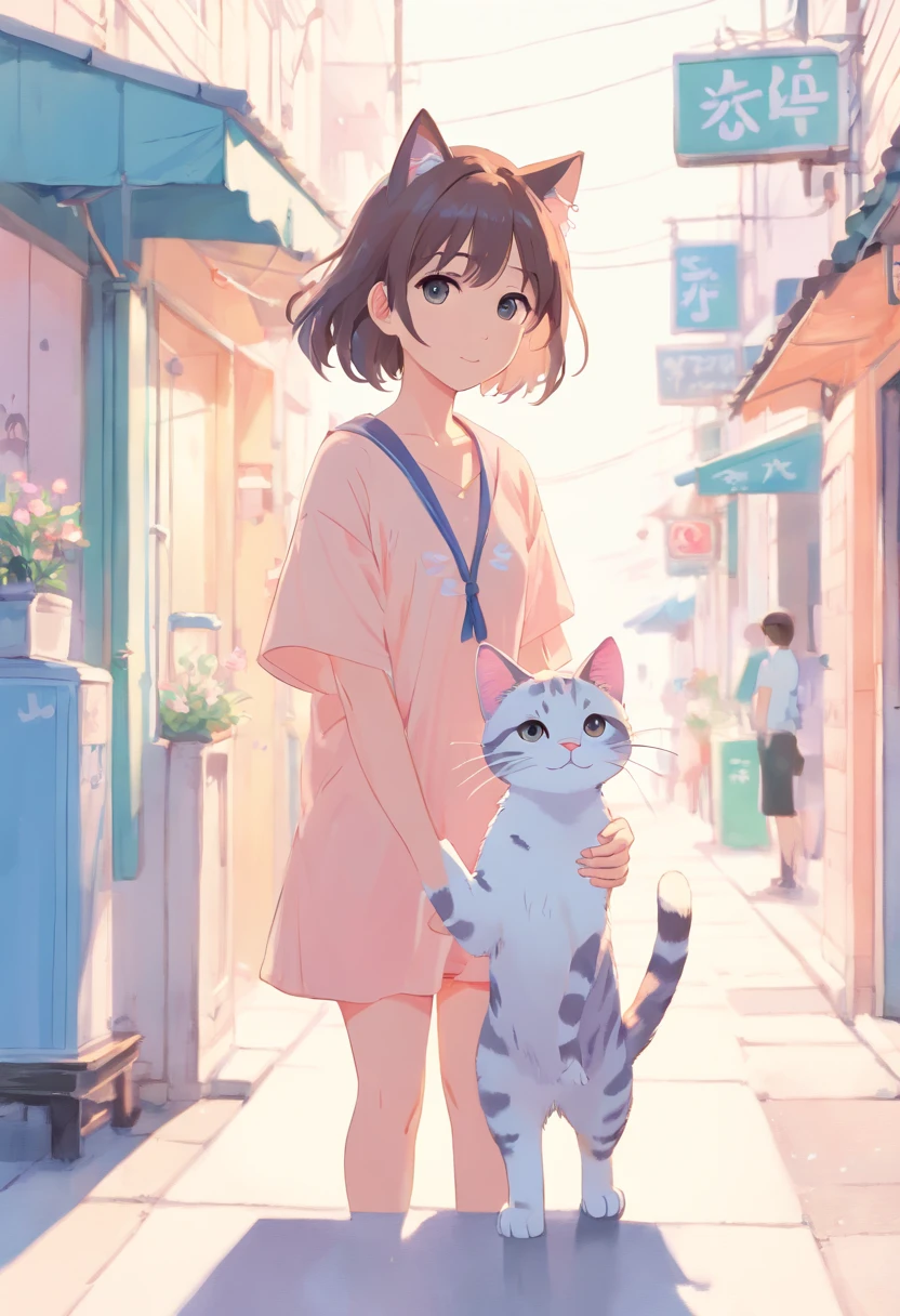 cat, fullbody,1 girl,
(pastel color:1.5),(cute illustration:1.5),(watercolor:1.2),white back ground,