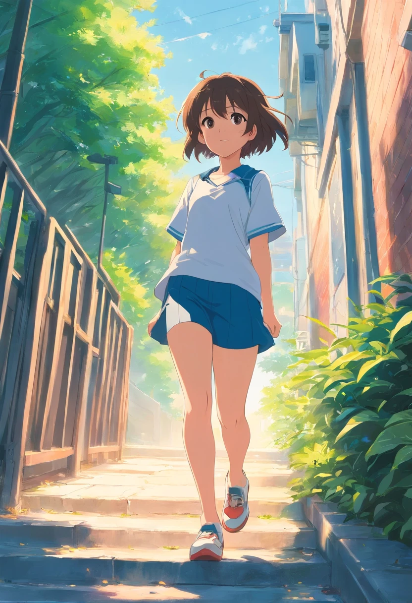 1 big giant girl, yui, white stick, white sneaker, Tennis Wear, White Miniskirt, Meistergemerde, best qualtiy, Photorealistic Risk, ultra-detailliert, (shinny skin, perspiring:1.4), Absurde, look at viewr, with long brown hair,, Braun Nausig,thin,dynamic light and shadow,high resolusion,foco nítido,depth of fields,The eyes are delicate,Sharp pupils,Realistic Students,(huge-breasted),(thick thight:1.0),outside of house,天空