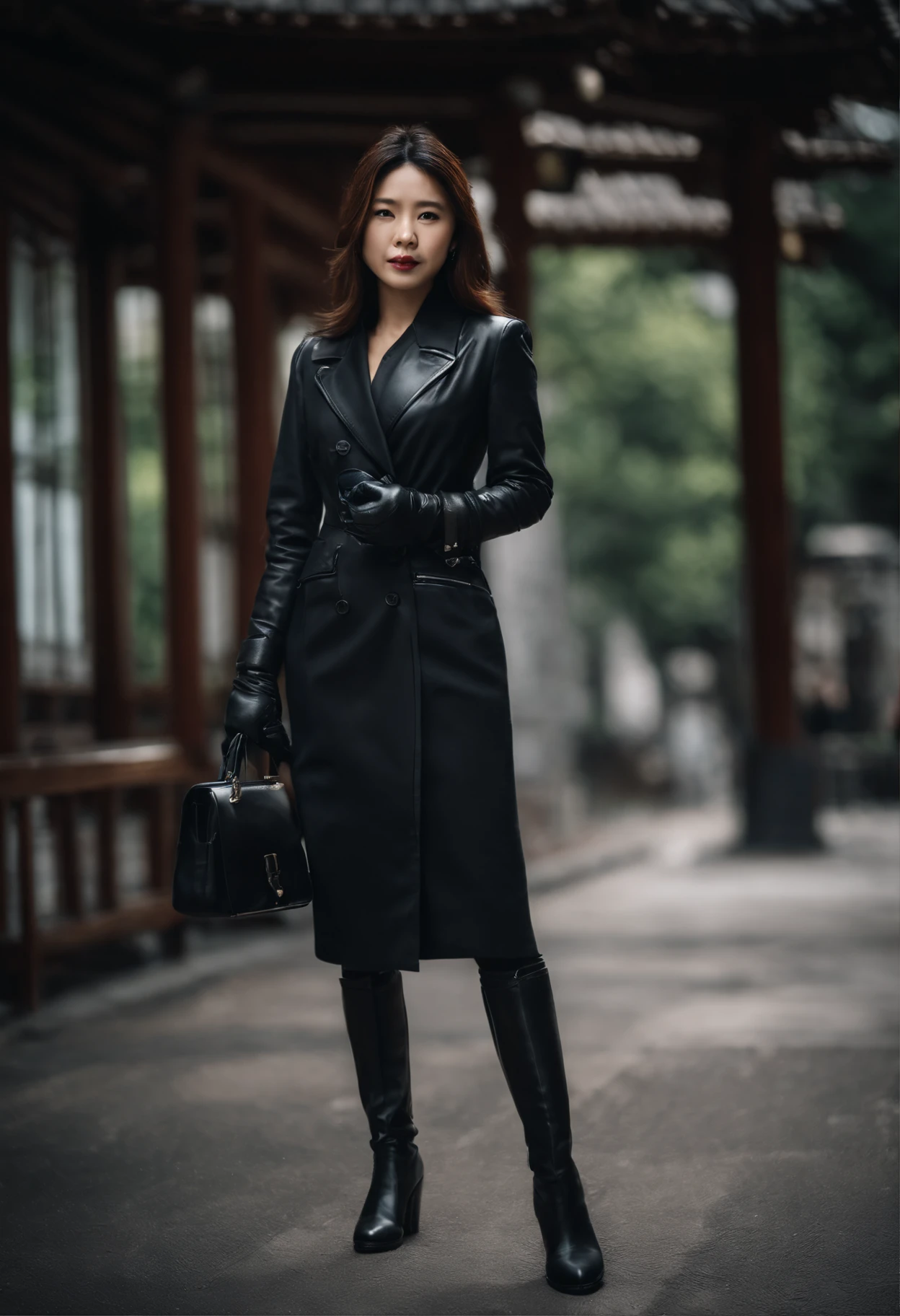 Business suits Black leather gloves long boots Face-to-face Young japanese lady Report on your smartphone The upper part of the body Black leather gloves cover both hands
