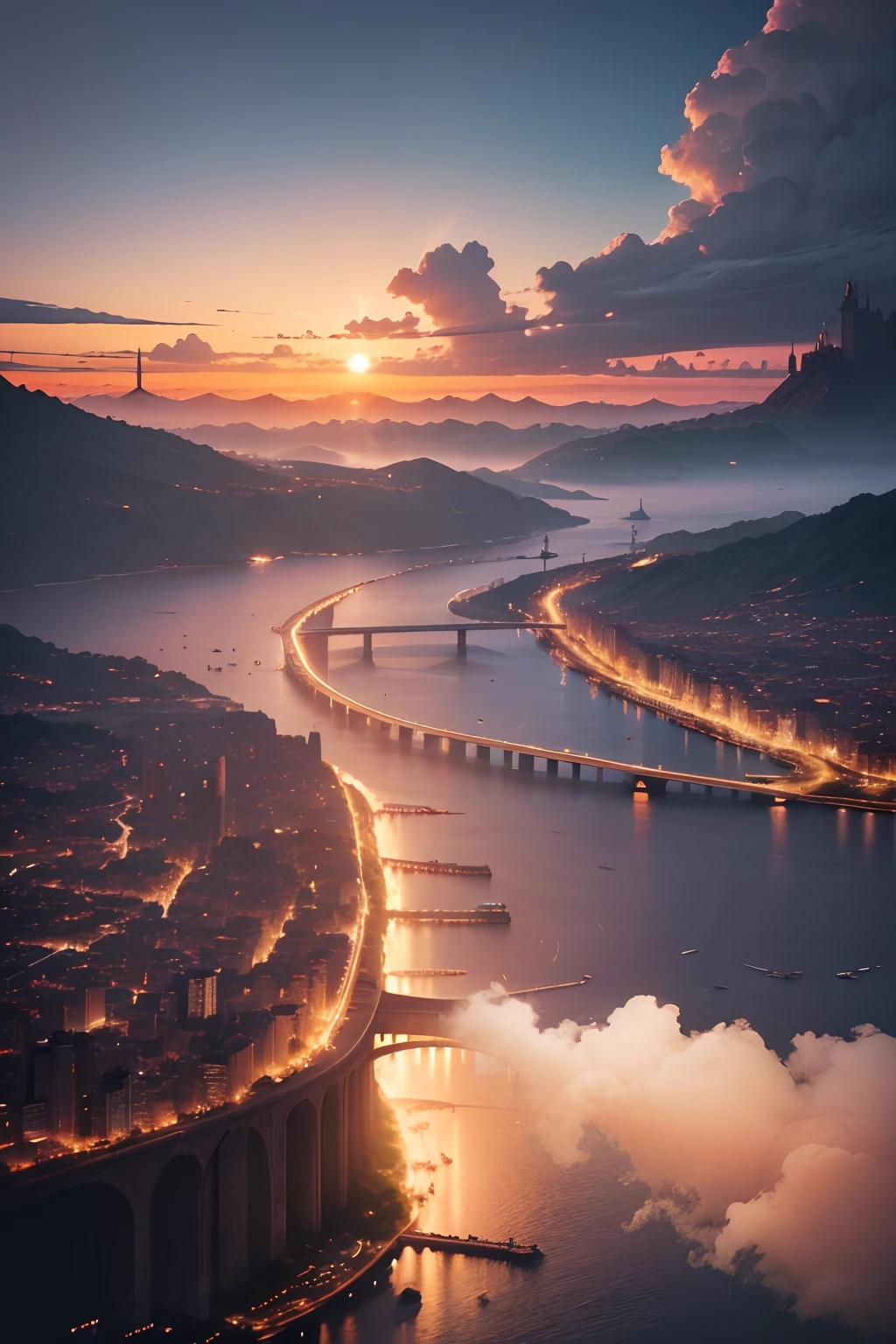 Cidade composta por Ilhas em nuvens, ligadas por pontes, estilo fantasia, com por do sol ao fundo. a primeira ilha composta com uma sapatilha gigante ao centro