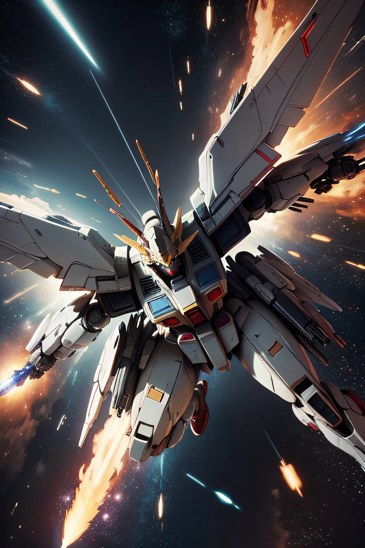 An incredibly detailed illustration of a Gundam Wing in space in Combat position, corpo inteiro, incredible details, sombras perfeitas, Dynamic background, estilo de desenho hiper-realista.