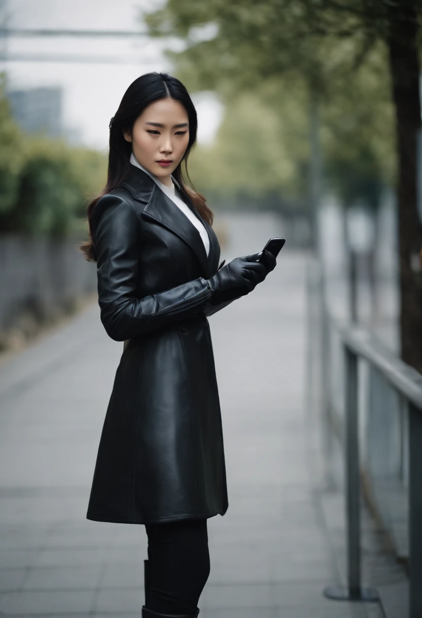 Business suits Black leather gloves long boots Face-to-face Young japanese lady Report on your smartphone The upper part of the body Black leather gloves cover both hands Black hair ponytail