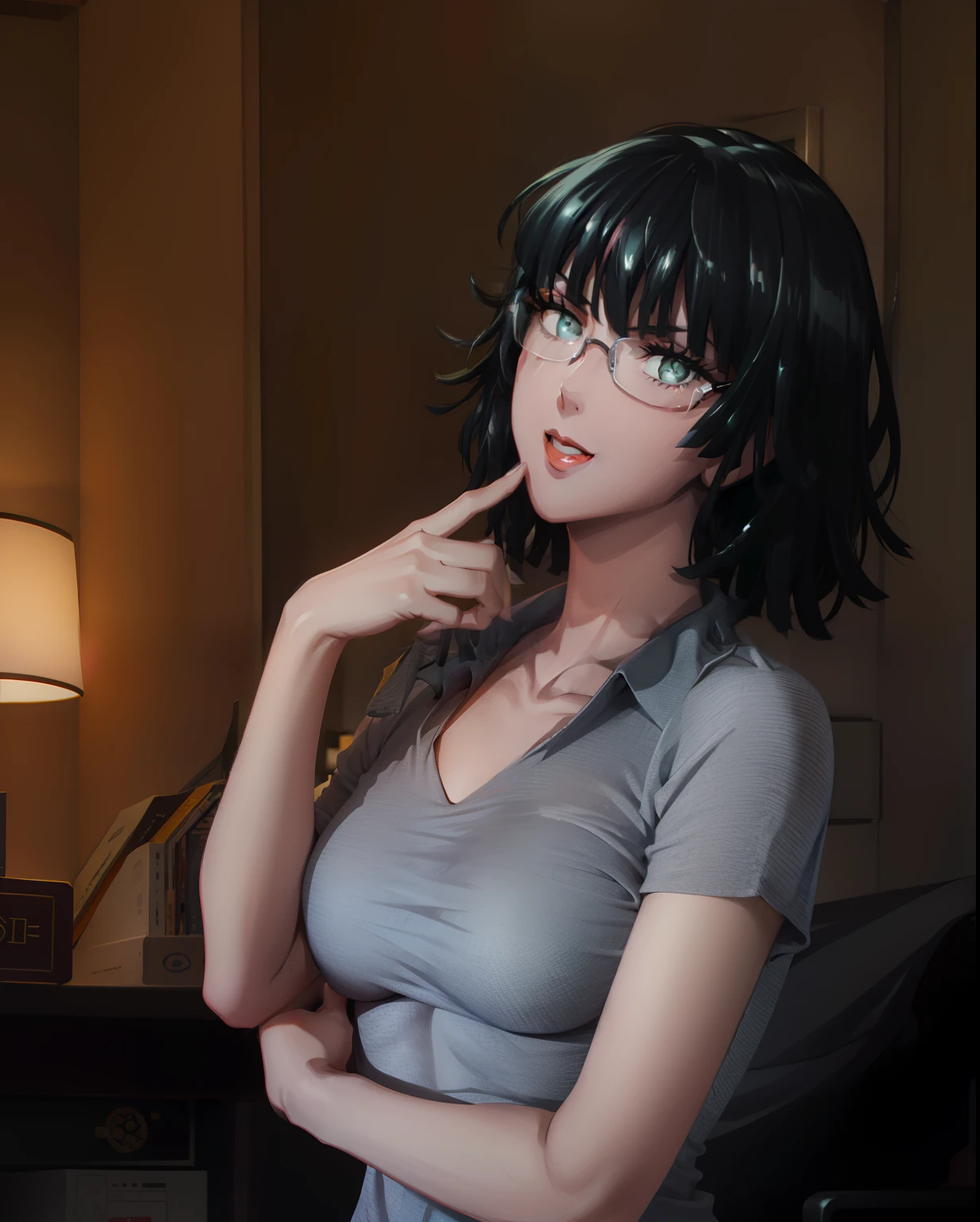 Girl, smile, short hair, red lips, glasses, fair skin, big nose, big tits, wearing a bracelet, gray clothes colors, sexy body, sexy pose, elegant pose, beautifull girl, in room, realistic