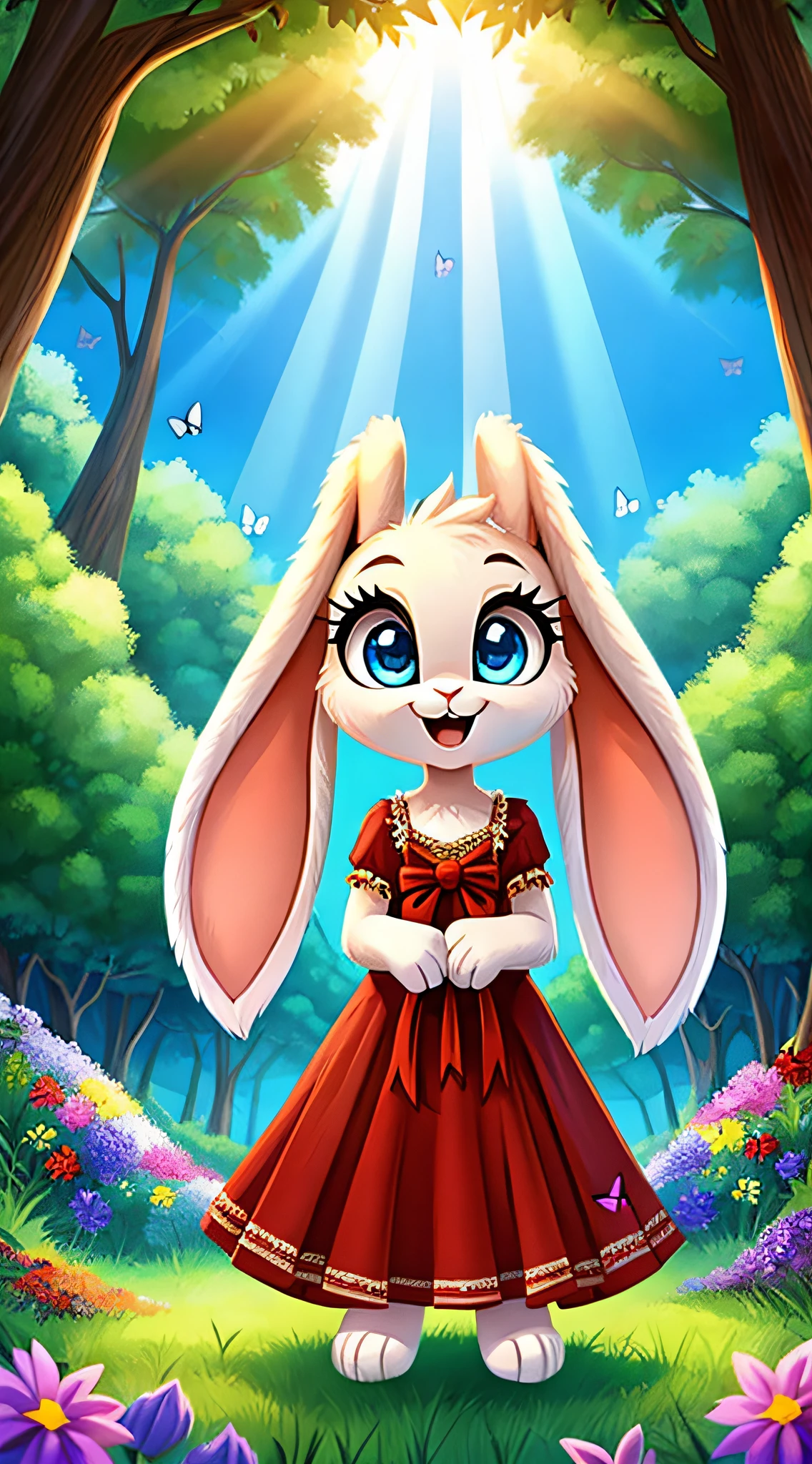 zoomed out image, fantasy style art, cute, adorable, short character, small, tiny little fluffy female white bunny with blue eyes, large poofy rabbit tail, big floppy ears, long ears, ears perked up, raised ears, long eyelashes, wearing a red frilly ribbon dress, smiling, standing in a forest, big expressive smile, open mouth, wide eyes, excited eyes, excited face, stunning visuals, sunrays through the trees, butterflies, colorful flowers, digital illustration