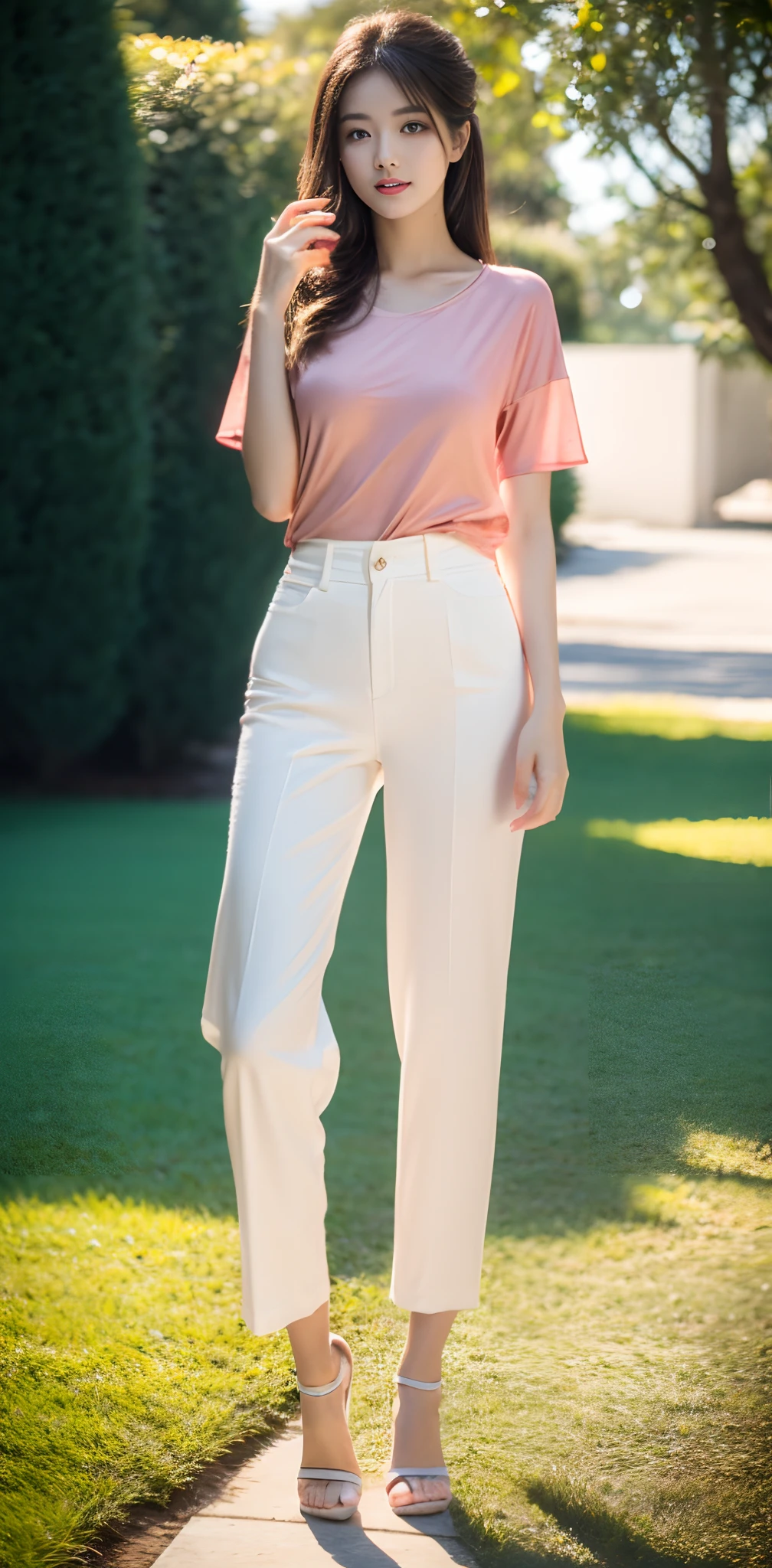 1 beautiful woman taking pictures on the grass of the villa,RAW photos,tmasterpiece,(highdetailskin:1.2),8k ultra high definition,digital SLR camera,gentlesoftlighting,high high quality,filmgrain,富士XT3,20 years old Asian woman,Wear simple clothes,T-shirt and white loose slacks(((white wide-leg pants,cargo pants,casual pants,White transmittance:1.5))),Detailed clothing details:1.3,perfect body figure,Perfect breasts and nipple bulge,The legs are straight and slender,White tender toes,Branded stylish stiletto sandals:0.6,Super detailed facial details and skin,Fair pink face and skin,The skin is pink,with light glowing,二重まぶた,Super detailed eyes,(Gloss on lips, eyeslashes, Glossy face, Best quality, Super high resolution, warm color,Wide lighting, naturalshadow), Sexy, Full body shooting: 1.8