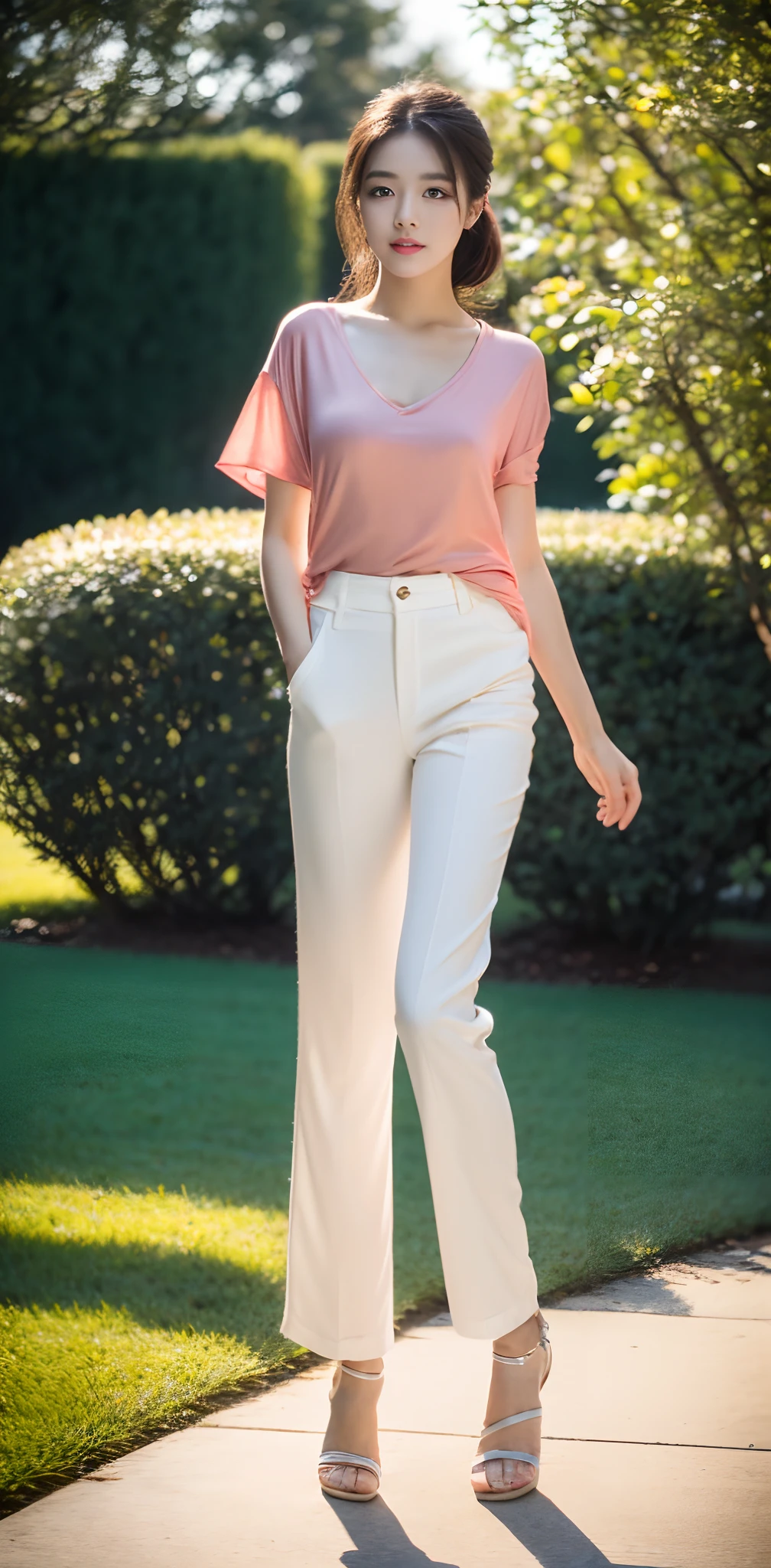 1 beautiful woman taking pictures on the grass of the villa,RAW photos,tmasterpiece,(highdetailskin:1.2),8k ultra high definition,digital SLR camera,gentlesoftlighting,high high quality,filmgrain,富士XT3,20 years old Asian woman,Wear simple clothes,T-shirt and white loose slacks(((white wide-leg pants,cargo pants,casual pants,White transmittance:1.5))),Detailed clothing details:1.3,perfect body figure,Perfect breasts and nipple bulge,The legs are straight and slender,White tender toes,Branded stylish stiletto sandals:0.6,Super detailed facial details and skin,Fair pink face and skin,The skin is pink,with light glowing,二重まぶた,Super detailed eyes,(Gloss on lips, eyeslashes, Glossy face, Best quality, Super high resolution, warm color,Wide lighting, naturalshadow), Sexy, Full body shooting: 1.8