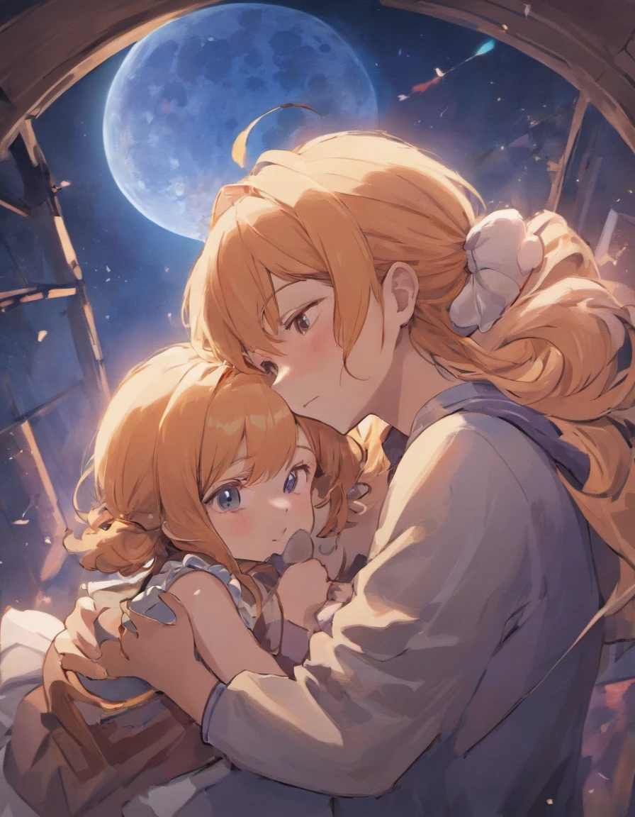family,Mom and dad and daughter snuggle together,Kitten pets,Watch the Mid-Autumn Moon, with fair skin,, Top, With the color blue, Naughty and cute look