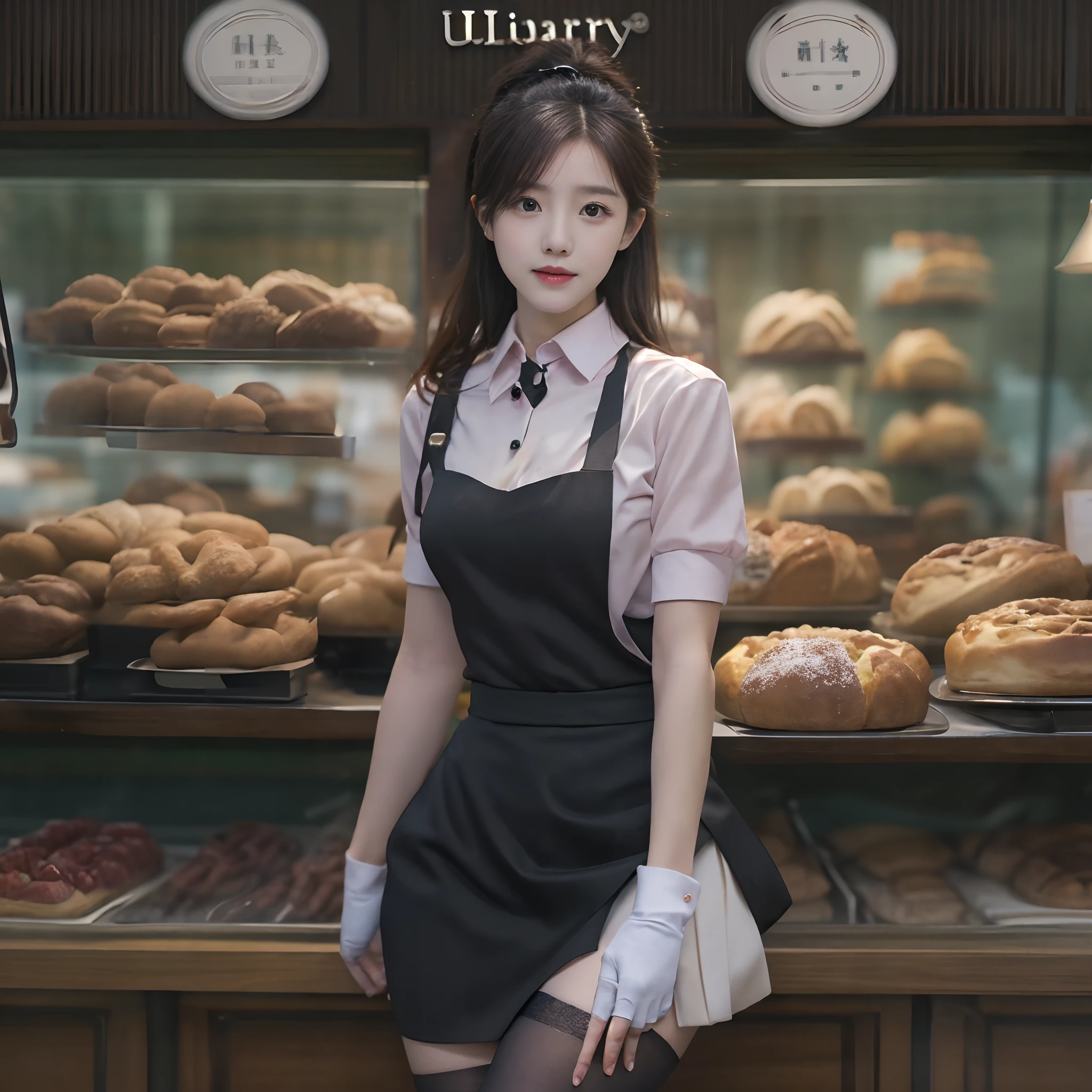 (Best quality: 1.1), (Realistic: 1.1), (Photography: 1.1), (highly details: 1.1), (1woman), bakery, Professional suits, black short skirt, black lence stockings, bent down, mix4, (((Masterpiece))), ((Ultra-detailed)).