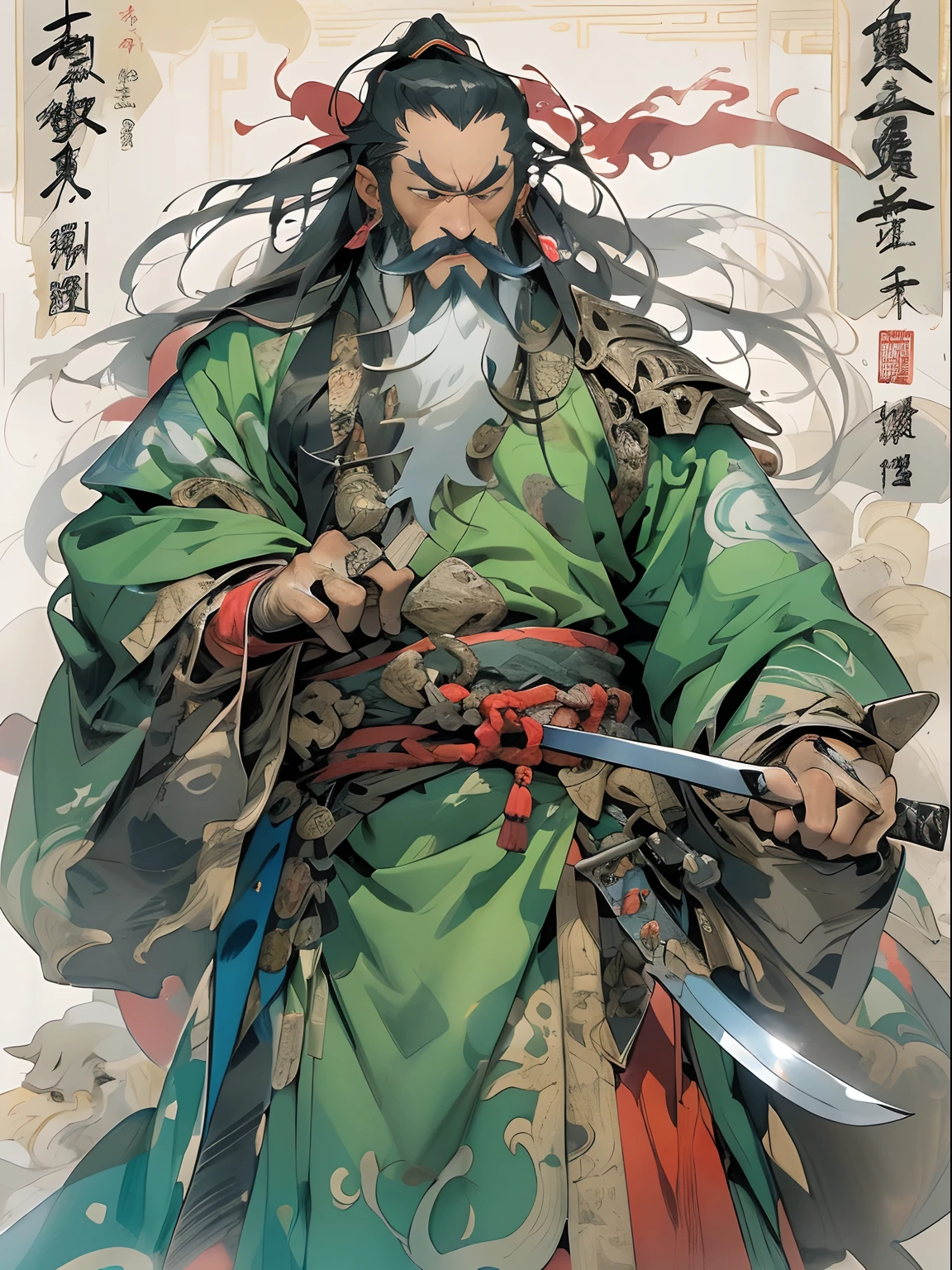 (((China-style，Ink painting method，Half-length portrait，Intense color，Han dynasty, China，Hanfu，Armor，Guan yu，Guan Yunchang，of a guy，Ruddy killing square face，Hold the Blue Dragon Moon Knife in his right hand，Stroke your beard with your left hand，Long hair，petty eyes，Green robe))), (((best qualityer))), (((tmasterpiece))), (((AS-Adult))), ((( Japanese ))), Look up from your knees, Handsome Asian samurai，perfect body figure, Modern samurai, ((( Asian))), Wear gloves on your hands，The left arm is made of steel and metal tips，Made of protective devices, The eyes are pulled, (( Appears below the chest )), (( Small dental floss )), Simon Bisley, Almost naked（Simon Bisley）Castle City Wilderness，For high-resolution posters, hair straight, Minimum clothing, armure (Crazy clothes ), Full of tips and rivets, tribal tattoos, (((full bodyesbian))), Straight brunette hair，Colored hair ends