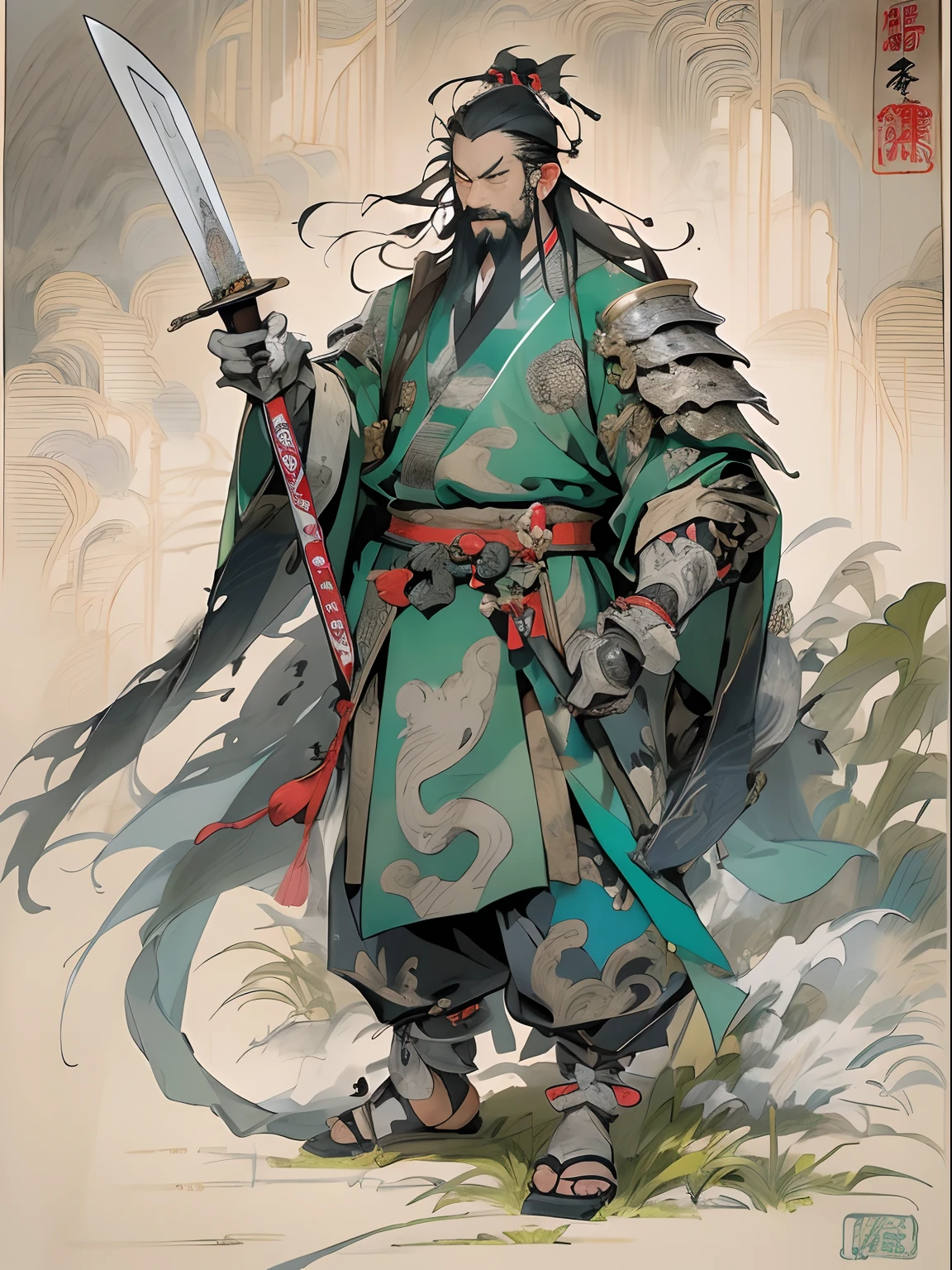 (((China-style，Ink painting method，Half-length portrait，Intense color，Han dynasty, China，Hanfu，Armor，Guan yu，Guan Yunchang，of a guy，Ruddy killing square face，Hold the Blue Dragon Moon Knife in his right hand，Stroke your beard with your left hand，Long hair，petty eyes，Green robe))), (((best qualityer))), (((tmasterpiece))), (((AS-Adult))), ((( Japanese ))), Look up from your knees, Handsome Asian samurai，perfect body figure, Modern samurai, ((( Asian))), Wear gloves on your hands，The left arm is made of steel and metal tips，Made of protective devices, The eyes are pulled, (( Appears below the chest )), (( Small dental floss )), Simon Bisley, Almost naked（Simon Bisley）Castle City Wilderness，For high-resolution posters, hair straight, Minimum clothing, armure (Crazy clothes ), Full of tips and rivets, tribal tattoos, (((full bodyesbian))), Straight brunette hair，Colored hair ends