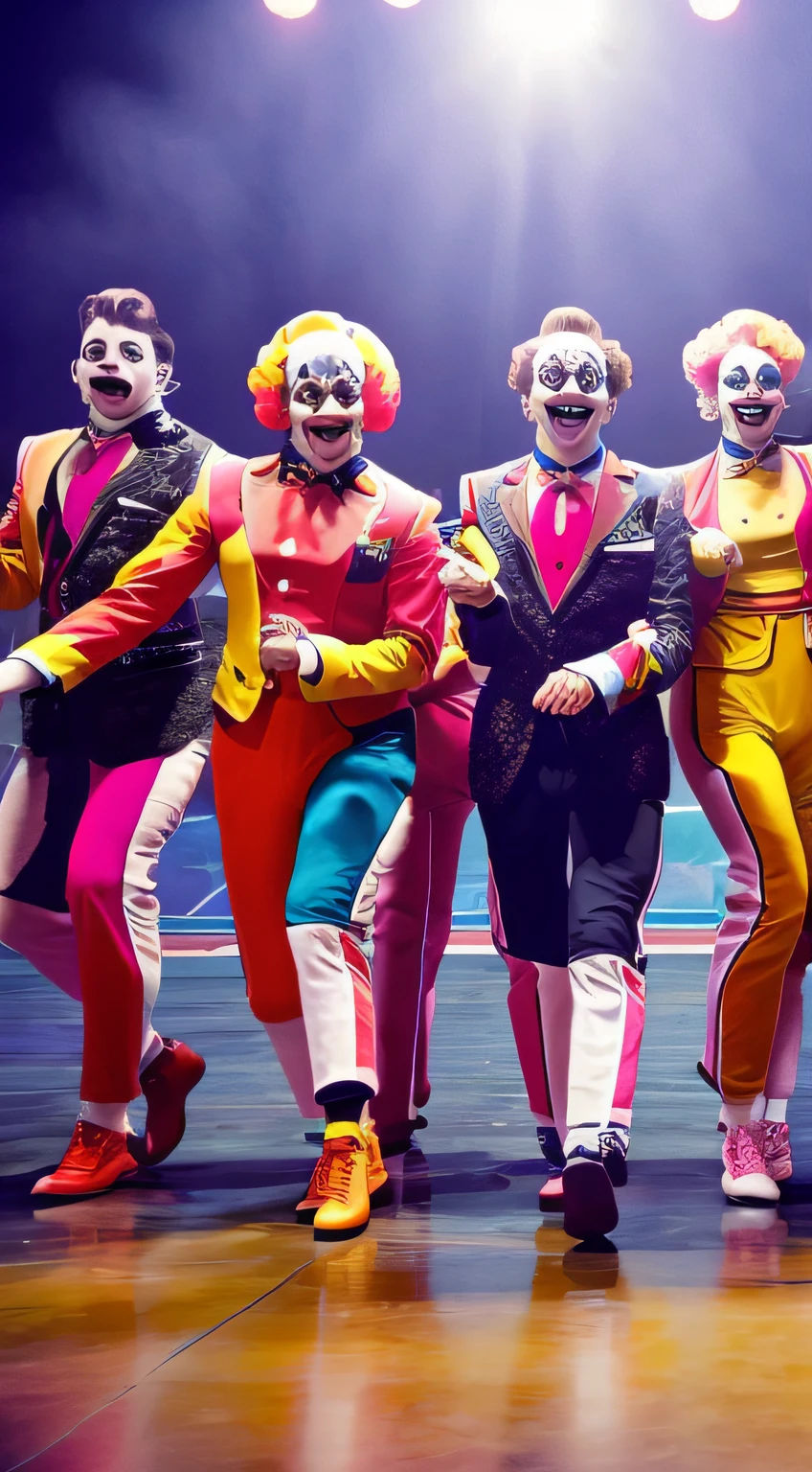 a group of clowns completely dressed in the character's typical costumes and makeup, dance frantically in a typical circus tent, done in the style of Andy Warhol, cinematic, high contrast illumination, extremely detailed, very sharp image