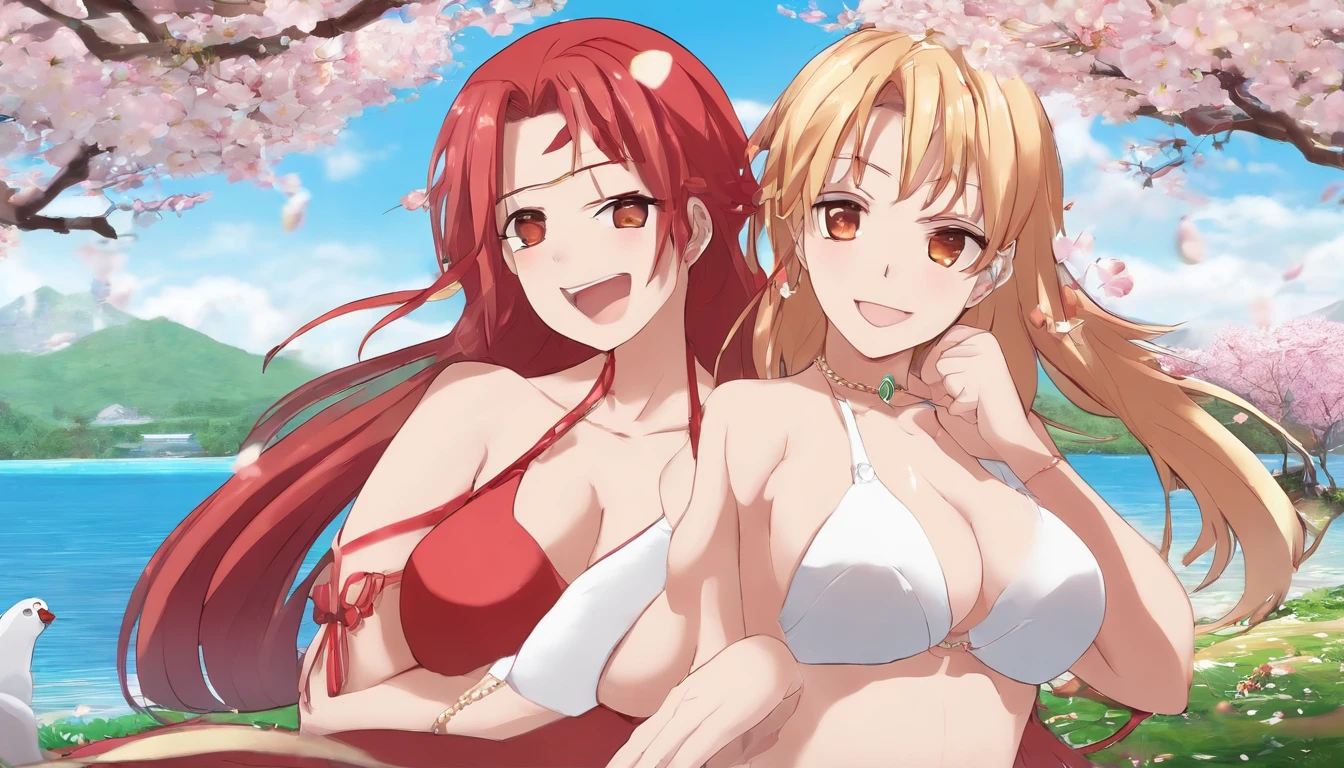 masterpiece, absurdres ,2girl, haruno sakura,forehead mark, red hairband, red sleeveless dress,ino yamanaka,both white micro bikini,,navel, groin, bracelet, looking at camera, crossed arms, smile, cherry blossoms, wind, floating hair, bitch faces, cleavage, big tits, NSFW,sucking dick