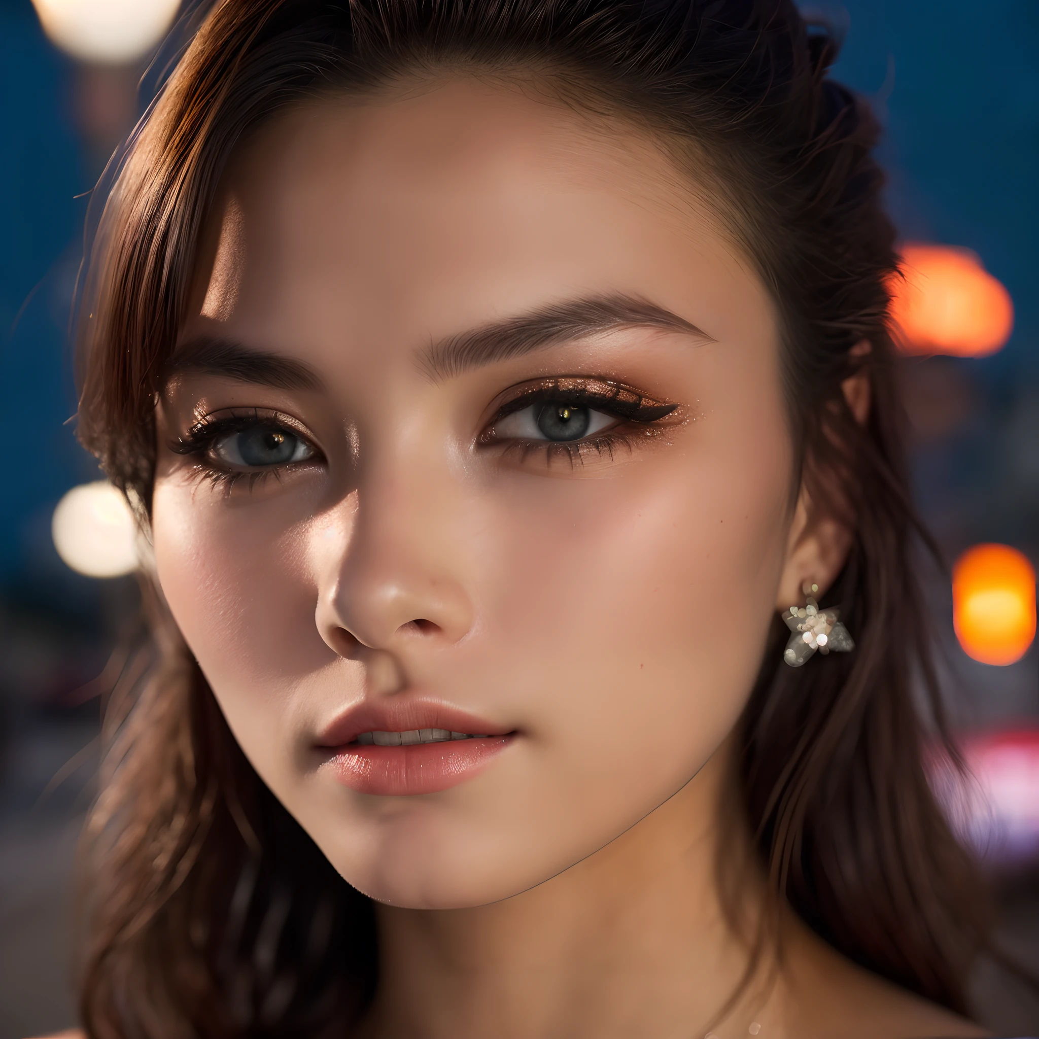 (selfie, top view: 1.4), (straight half of the body: 1.4), RAW UHD portrait photo of a 24-year-old blonde (blue-eyed woman) walking down a disco large breasts,, city at night, (skirt), (neckline), details (textures! , hair! , glitter, color!! , disadvantages: 1.1), glossy eyes with high detail (looking at the camera), SLR lighting, SLR camera, ultra-quality, sharpness, depth of field, film grain (center), Fujifilm XT3, crystal clear, frame center, beautiful face, sharp focus, street lamp, neon lighting, bokeh (dimly lit), night, (night sky), detailed skin pores, oily skin, sunburn, complex eye details, full body, large breasts, (((Masterpiece))), (((best quality))), ((Ultra-detailed)).